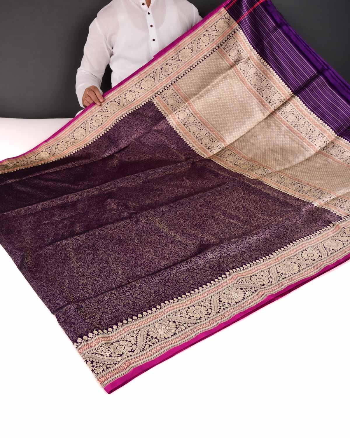 Midnight Purple Banarasi Maheen Jaal Gold Zari Brocade Handwoven Katan Silk Saree - By HolyWeaves, Benares