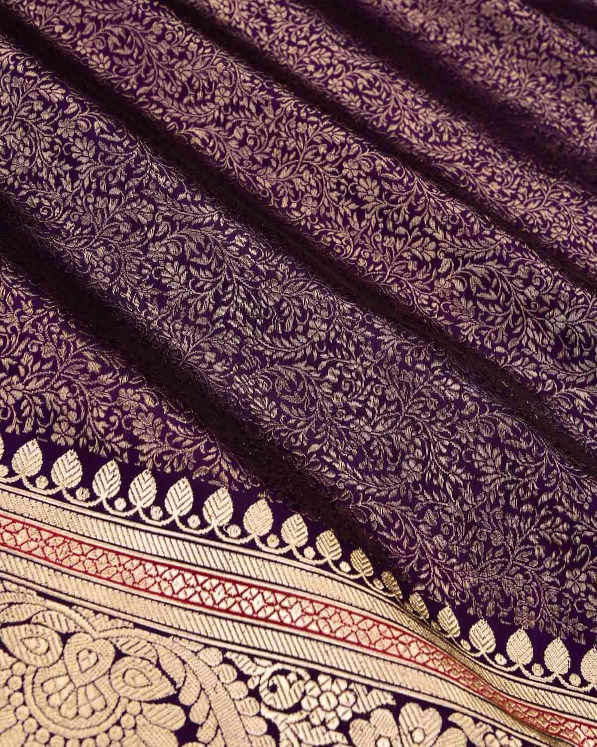 Midnight Purple Banarasi Maheen Jaal Gold Zari Brocade Handwoven Katan Silk Saree - By HolyWeaves, Benares