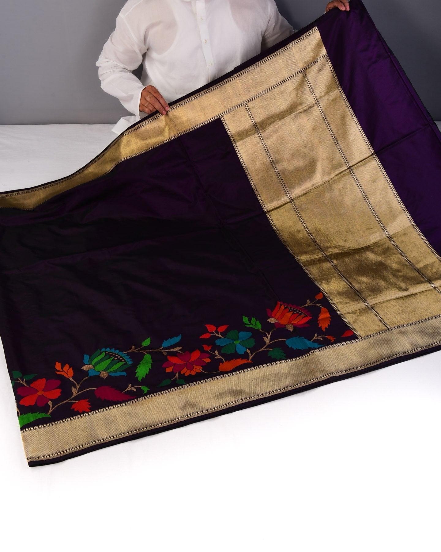 Midnight Purple Banarasi Meenedar Bel Kadhuan Brocade Handwoven Katan Silk Saree - By HolyWeaves, Benares