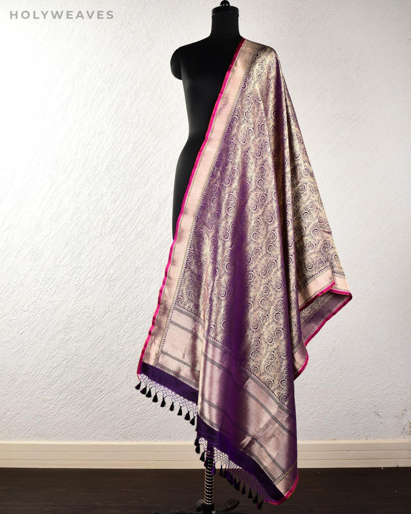 Midnight Purple Banarasi Morpankh Brocade Handwoven Katan Silk Dupatta - By HolyWeaves, Benares