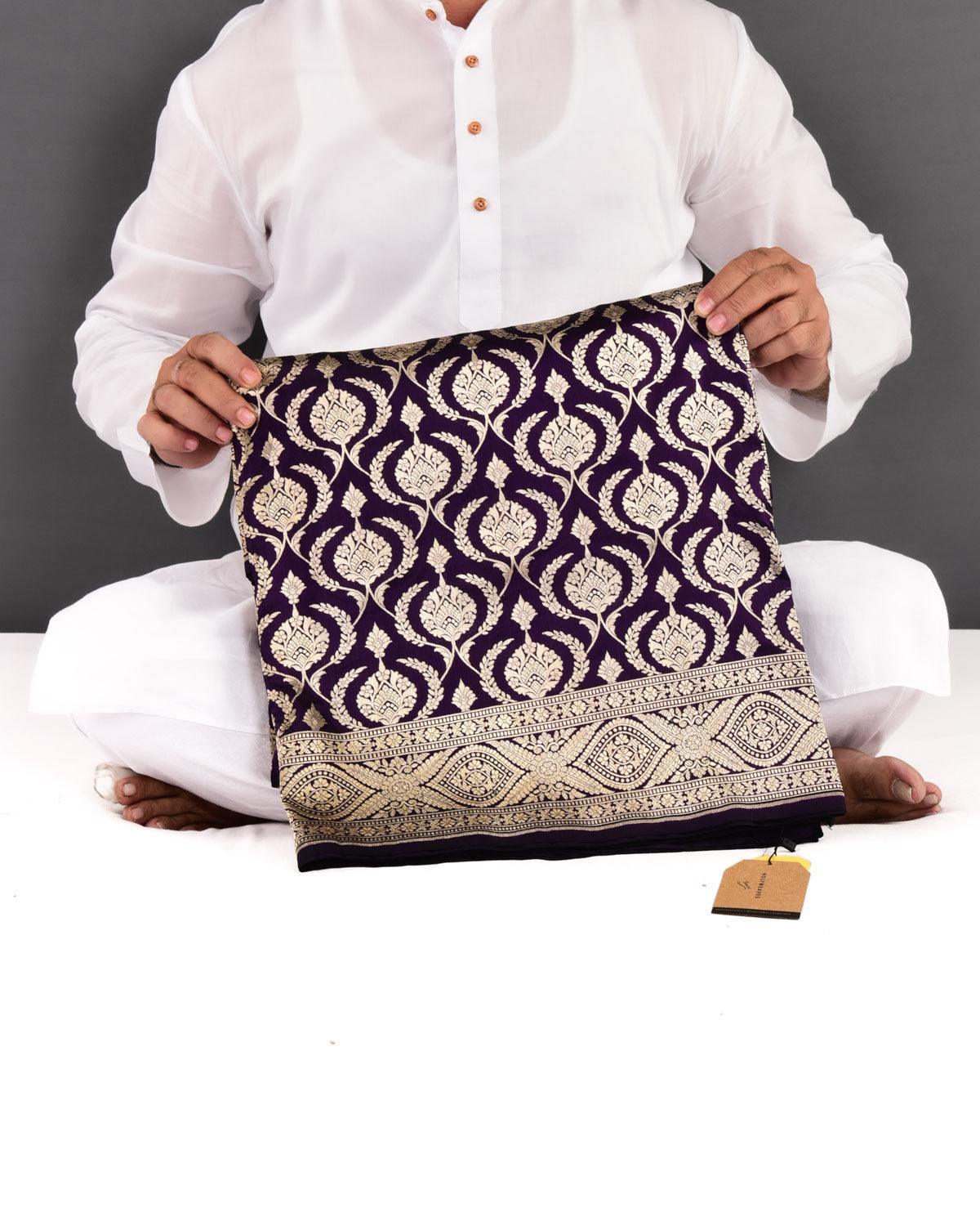 Midnight Purple Banarasi Mughal Jaal Gold Zari Cutwork Brocade Handwoven Katan Silk Saree - By HolyWeaves, Benares