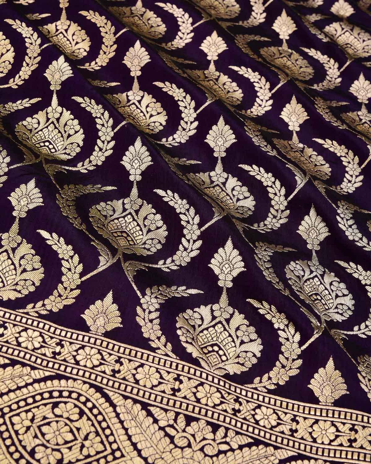 Midnight Purple Banarasi Mughal Jaal Gold Zari Cutwork Brocade Handwoven Katan Silk Saree - By HolyWeaves, Benares