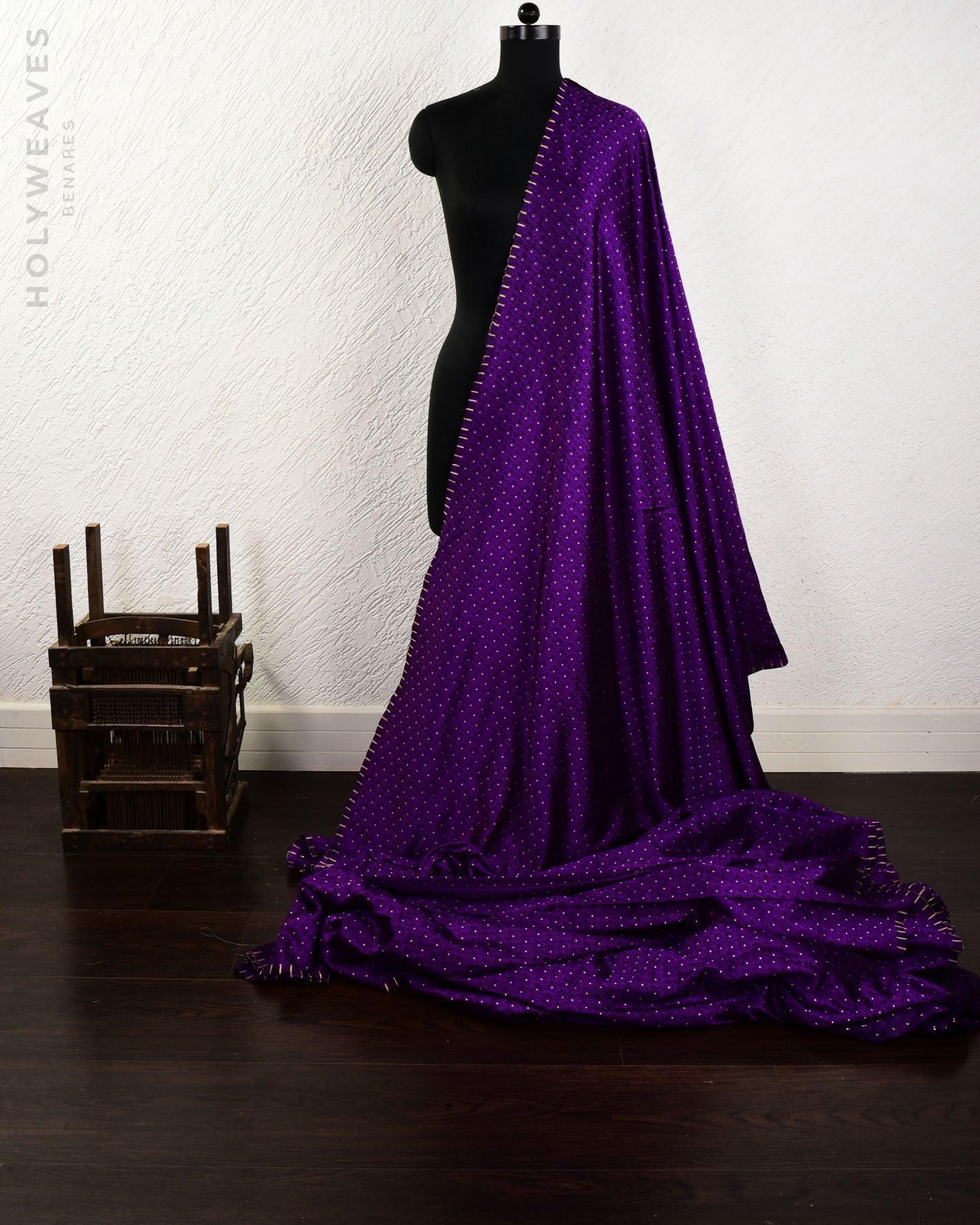 Midnight Purple Banarasi Resham Buti with Gold Zari Accents Tanchoi Brocade Handwoven Katan Silk Fabric - By HolyWeaves, Benares