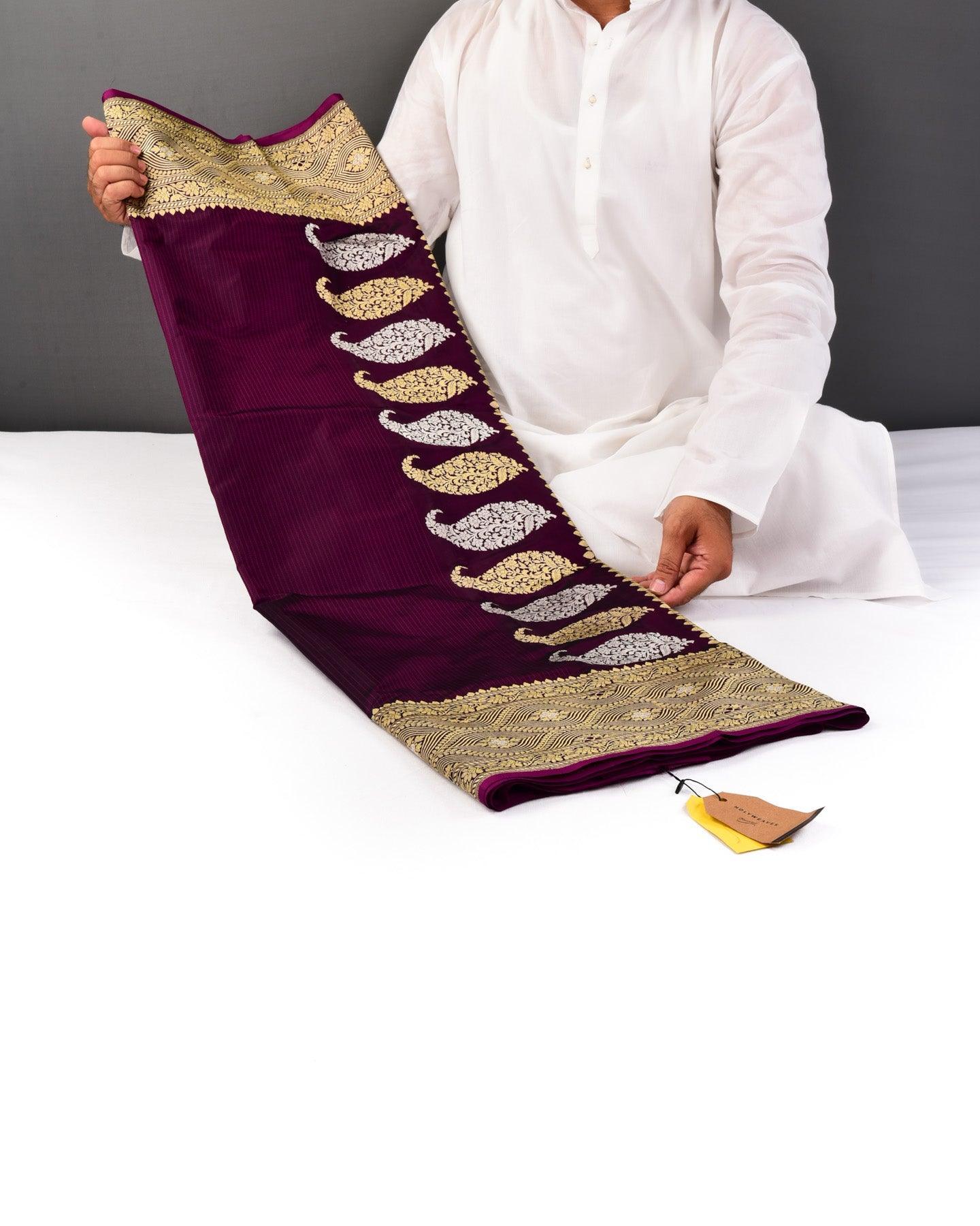 Midnight Purple Banarasi Resham Pinstripe Kadhuan Brocade Handwoven Katan Silk Saree - By HolyWeaves, Benares