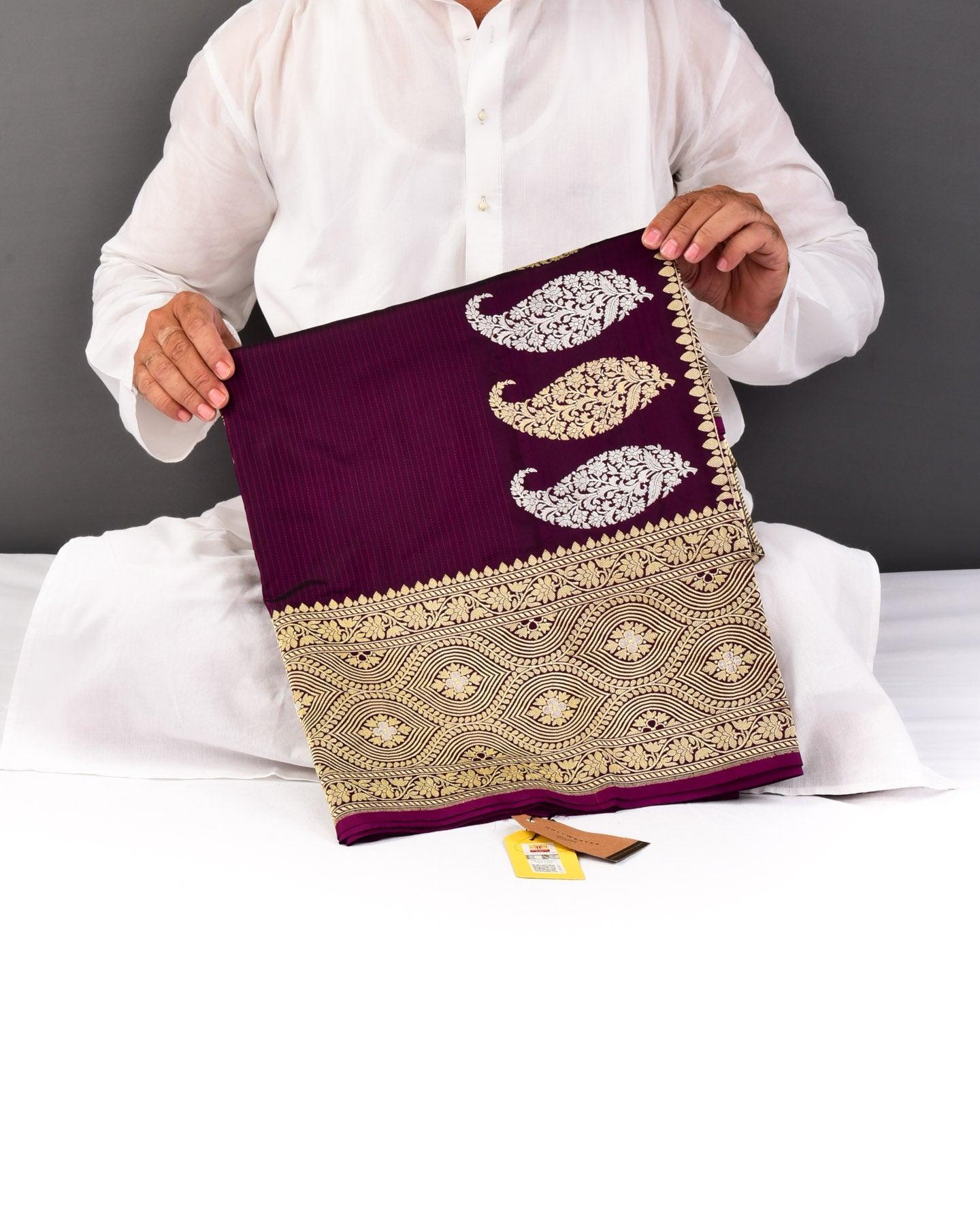 Midnight Purple Banarasi Resham Pinstripe Kadhuan Brocade Handwoven Katan Silk Saree - By HolyWeaves, Benares
