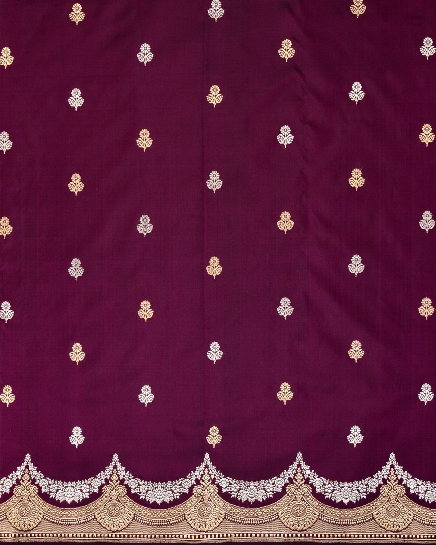 Midnight Purple Banarasi Sona-Rupa Zari Buti Kadhuan Brocade Handwoven Katan Silk Saree with Scallop Border - By HolyWeaves, Benares