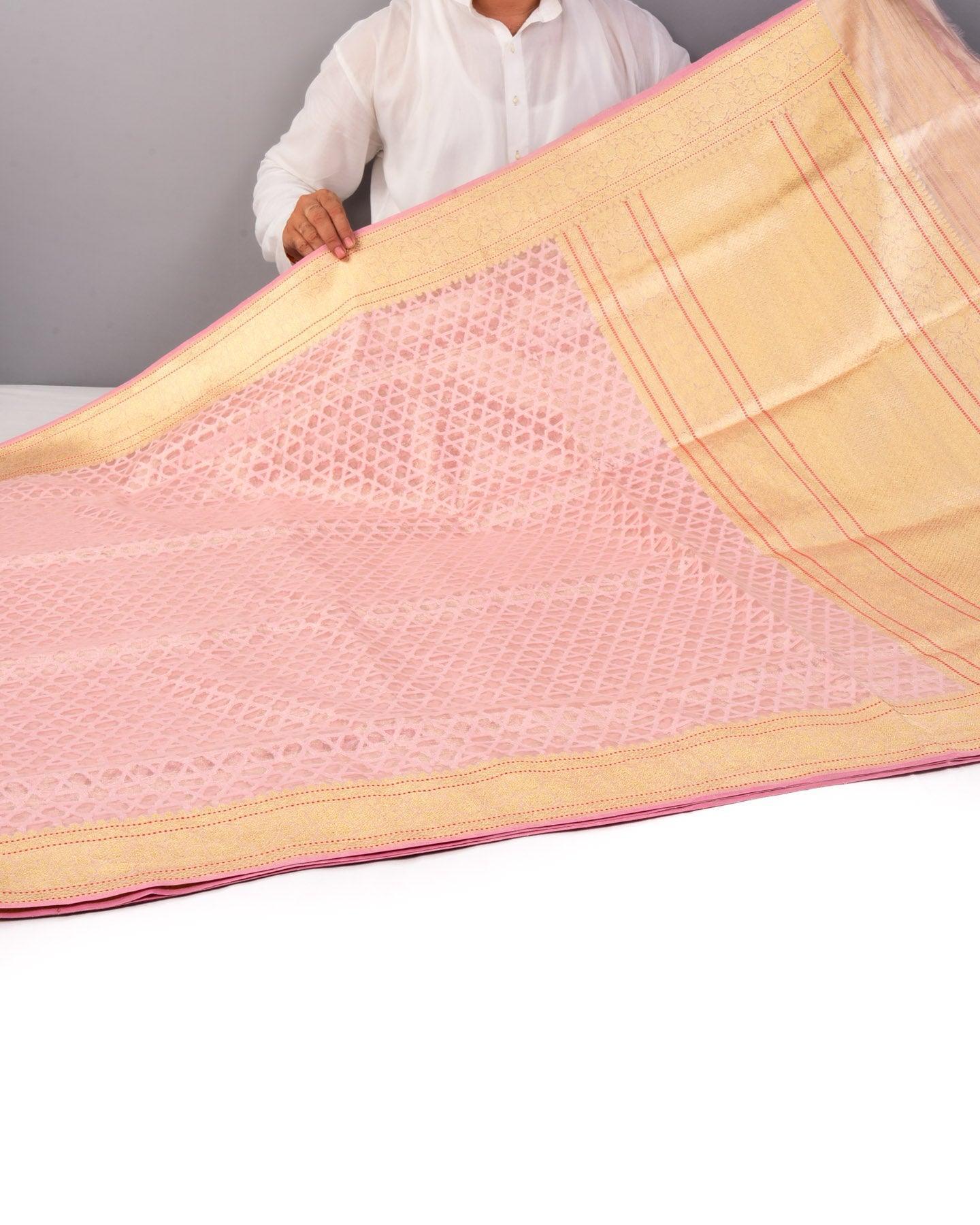 Misty Rose Pink Banarasi "STAR" Cutwork Brocade Handwoven Kora Tissue Saree - By HolyWeaves, Benares
