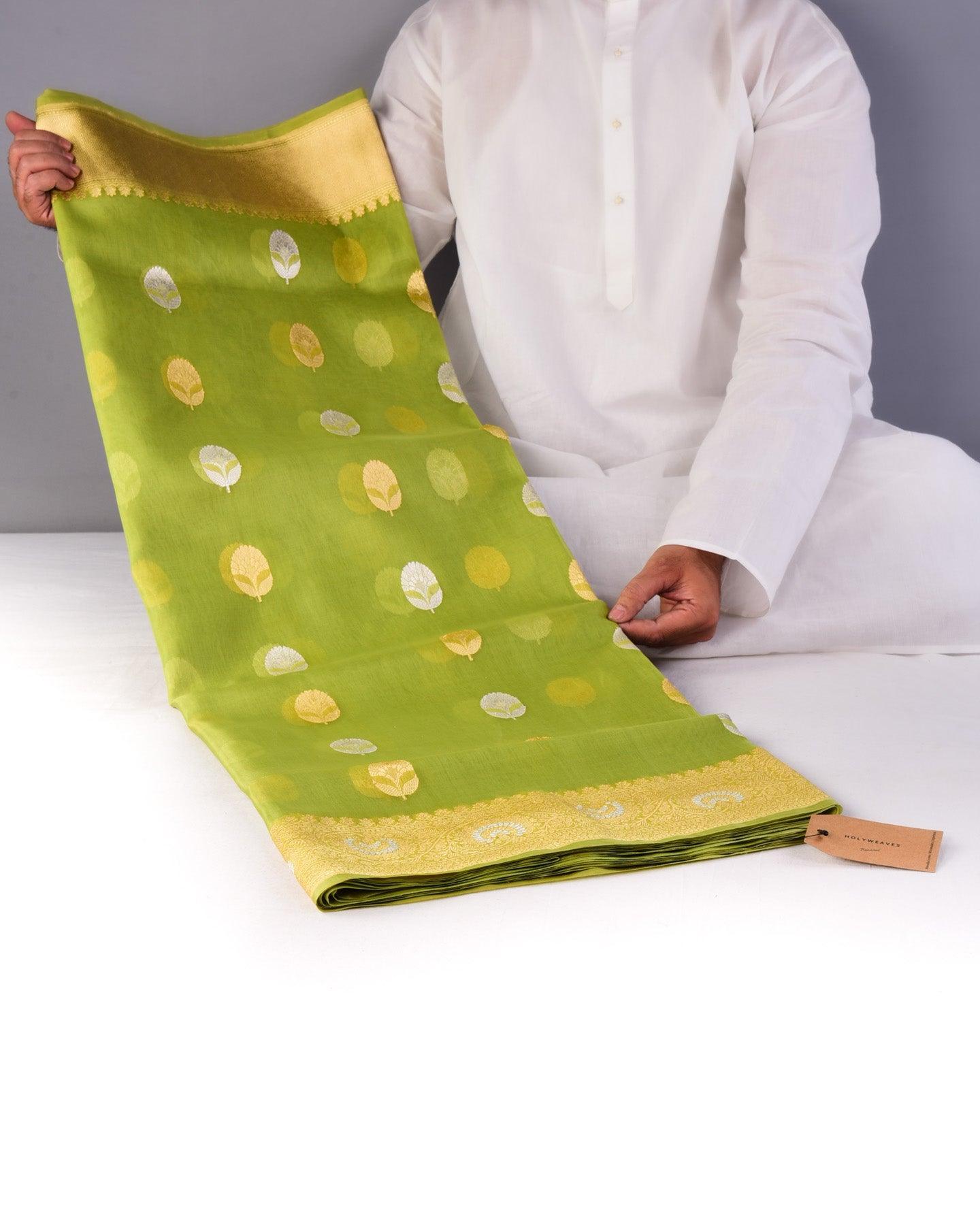 Moss Green Banarasi Kadhuan Brocade Handwoven Kora Silk Saree - By HolyWeaves, Benares