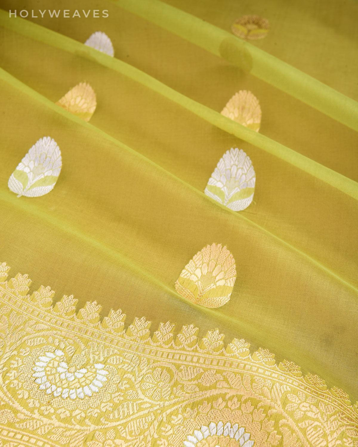 Moss Green Banarasi Kadhuan Brocade Handwoven Kora Silk Saree - By HolyWeaves, Benares