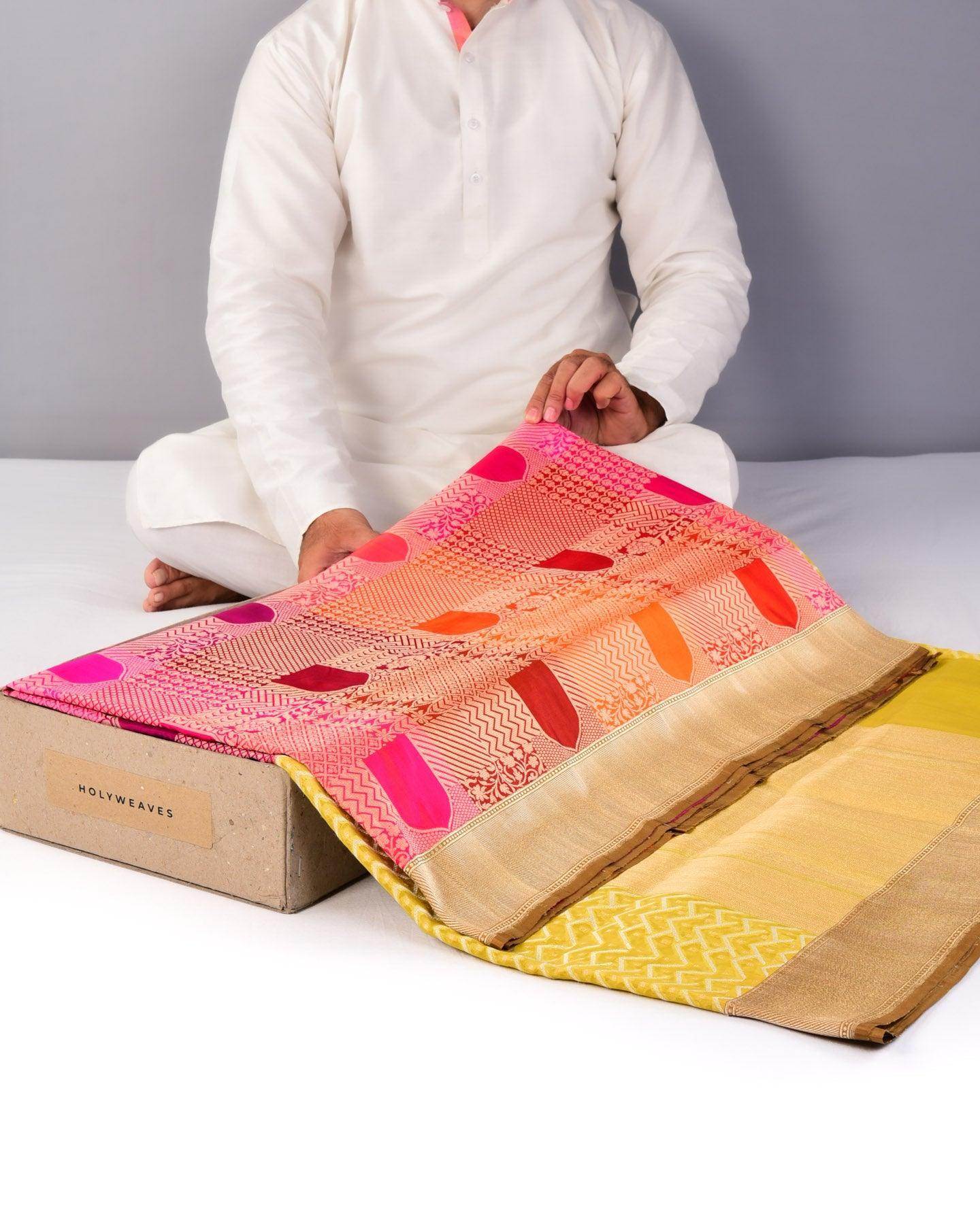 Multi-color Banarasi 2-Part Weave Cutwork Brocade Handwoven Katan Silk Saree - By HolyWeaves, Benares