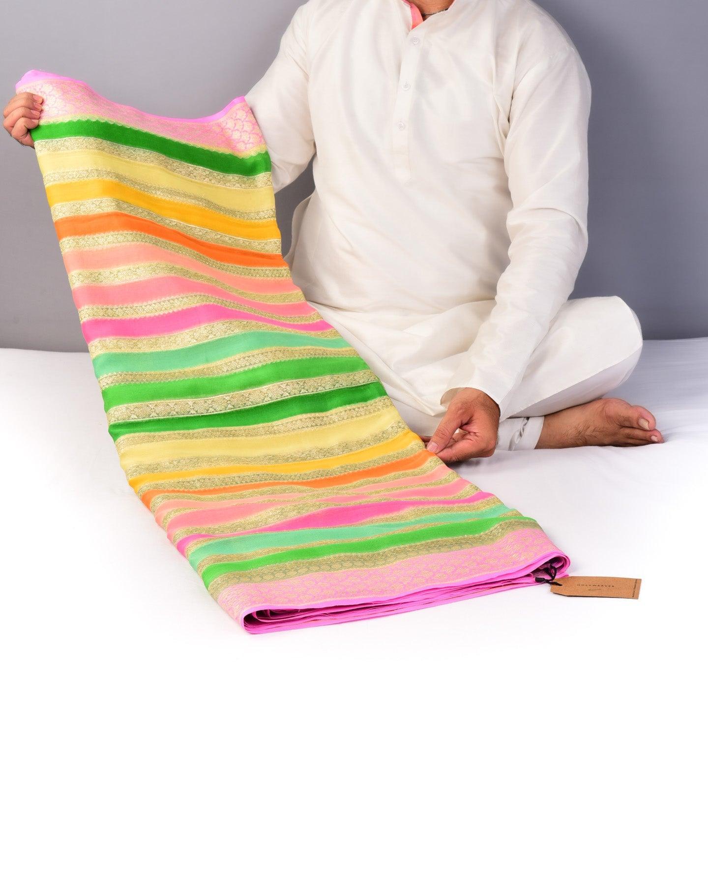 Multi-color Banarasi Brocade Stripes Cutwork Brocade Handwoven Khaddi Georgette Saree with Hand-brush Dye - By HolyWeaves, Benares
