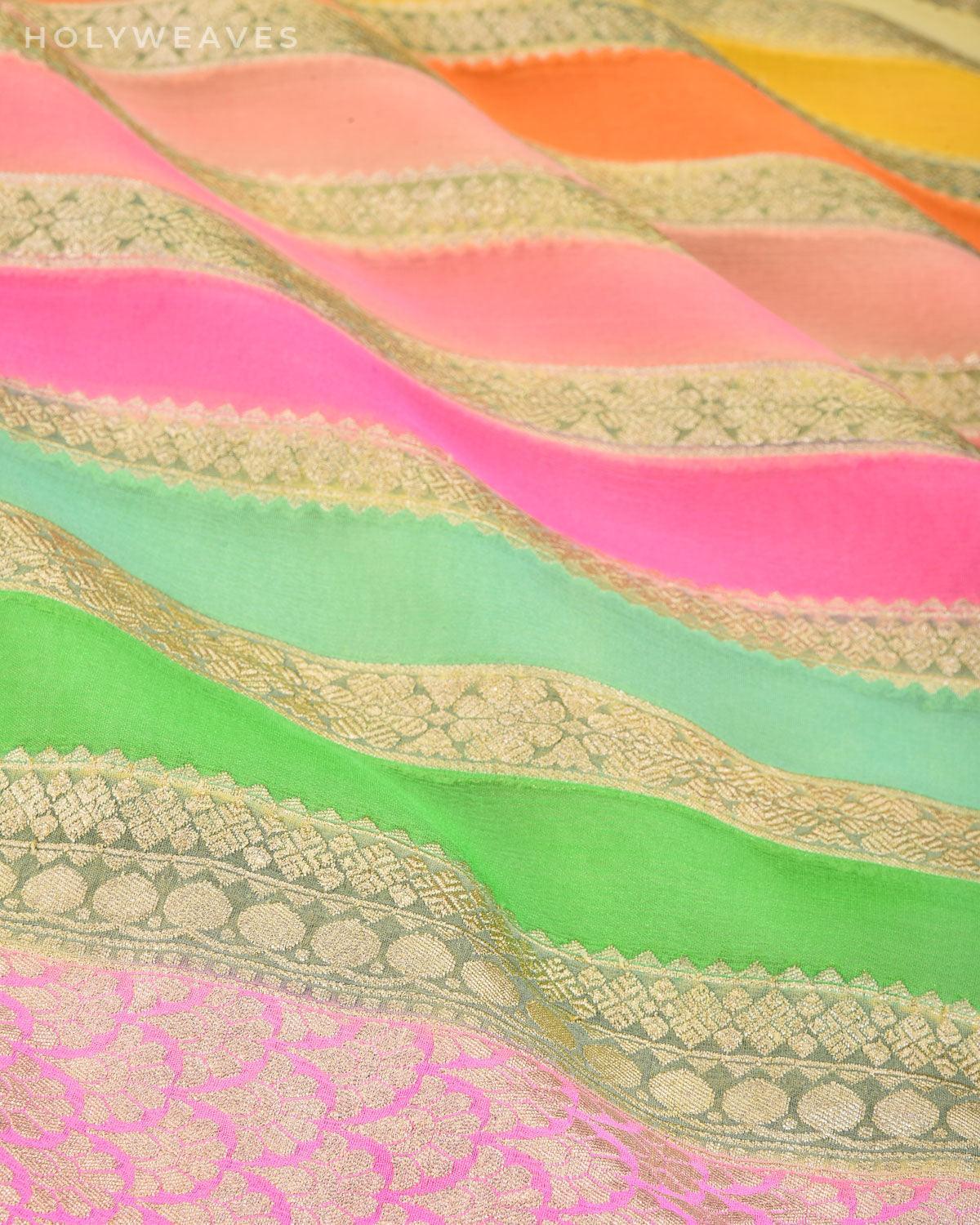Multi-color Banarasi Brocade Stripes Cutwork Brocade Handwoven Khaddi Georgette Saree with Hand-brush Dye - By HolyWeaves, Benares