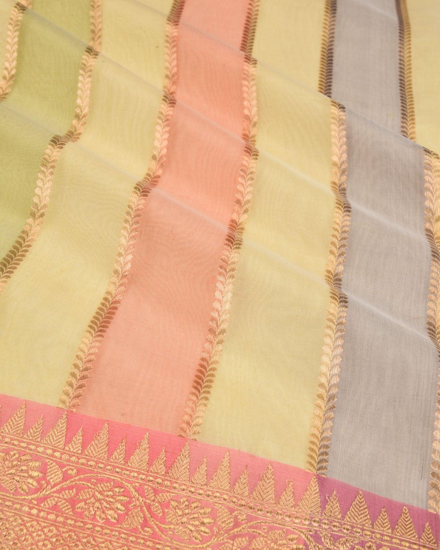 Multi-color Banarasi Candy Stripes Rangkaat Brocade Handwoven Kora Silk Saree - By HolyWeaves, Benares
