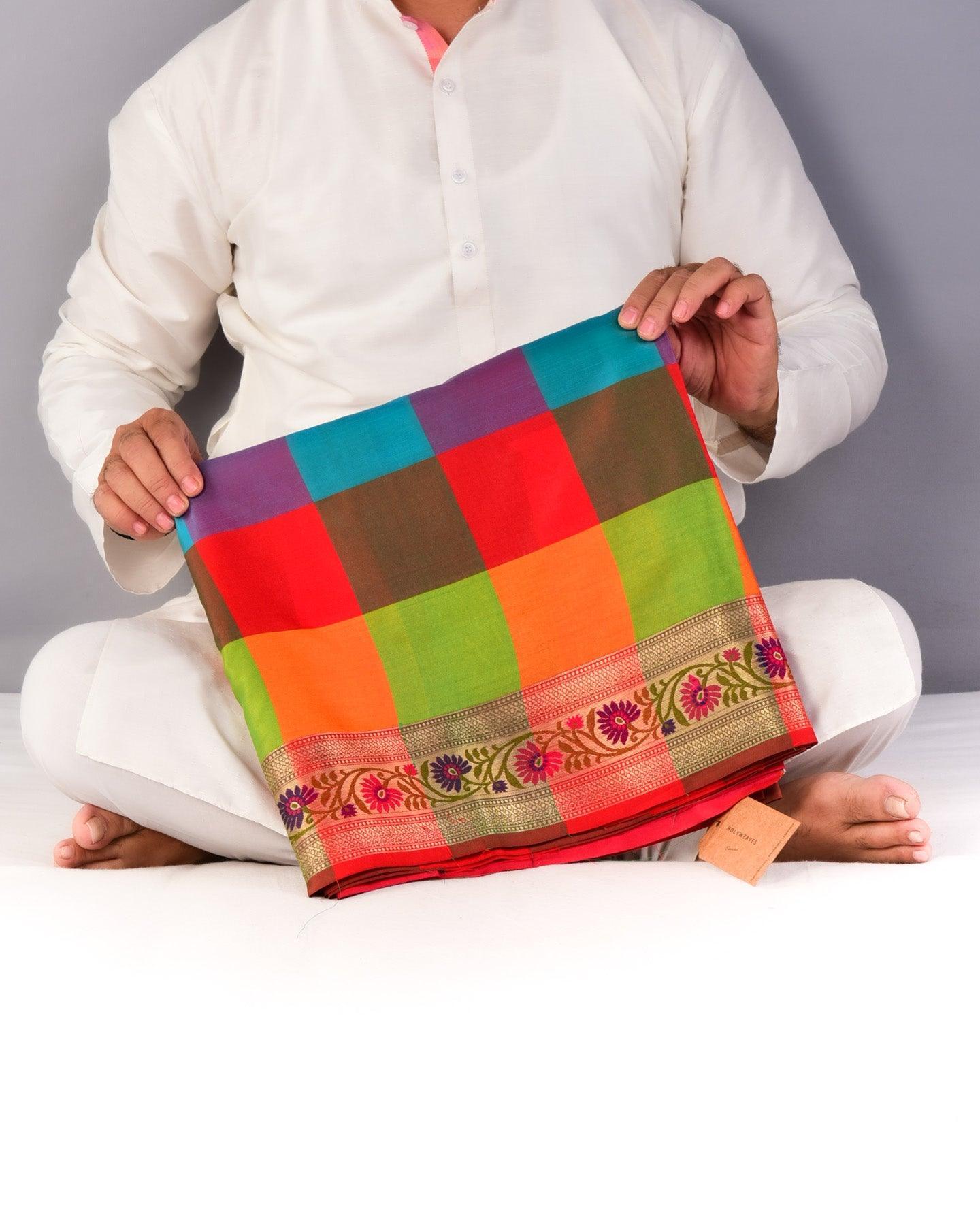 Multi-color Banarasi Color Block Cutwork Brocade Woven Art Silk Saree - By HolyWeaves, Benares