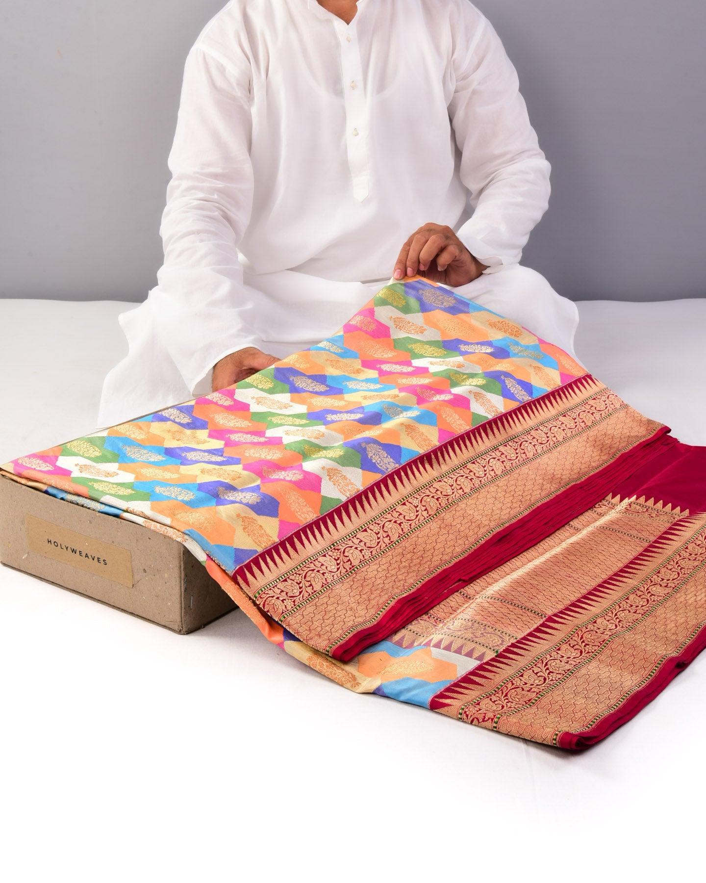Multi-color Banarasi "Dumahi" Rangkaat Handwoven Katan Silk Saree - By HolyWeaves, Benares