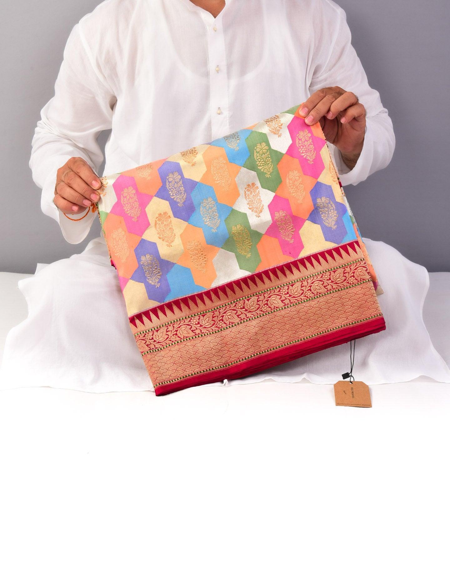 Multi-color Banarasi "Dumahi" Rangkaat Handwoven Katan Silk Saree - By HolyWeaves, Benares