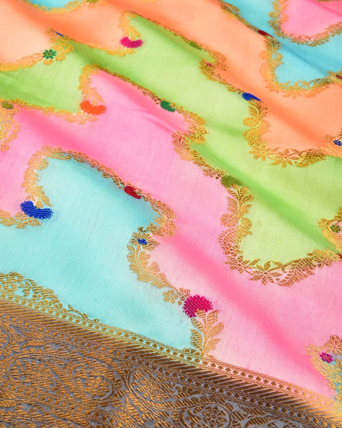 Multi-color Banarasi Gold Zari Meena Jaal Handbrush Rangkaat Dye Cutwork Brocade Woven Spun Silk Saree - By HolyWeaves, Benares