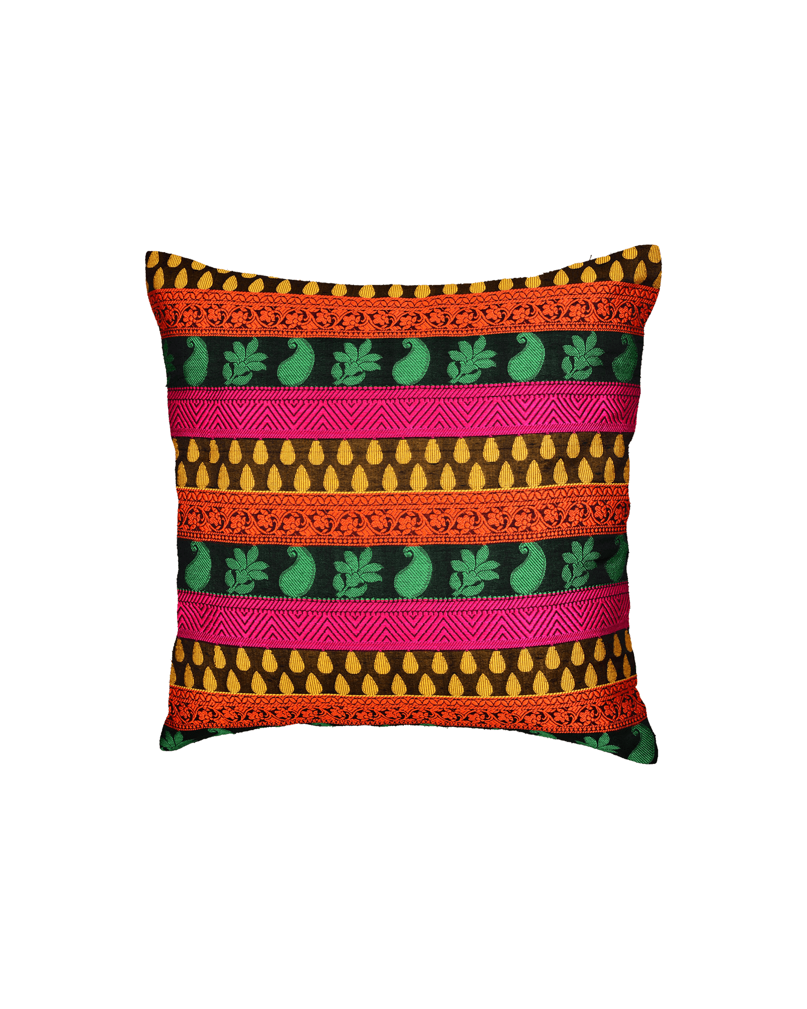 Multi-color Banarasi Jacquard Poly Silk Cushion Cover 16" - By HolyWeaves, Benares