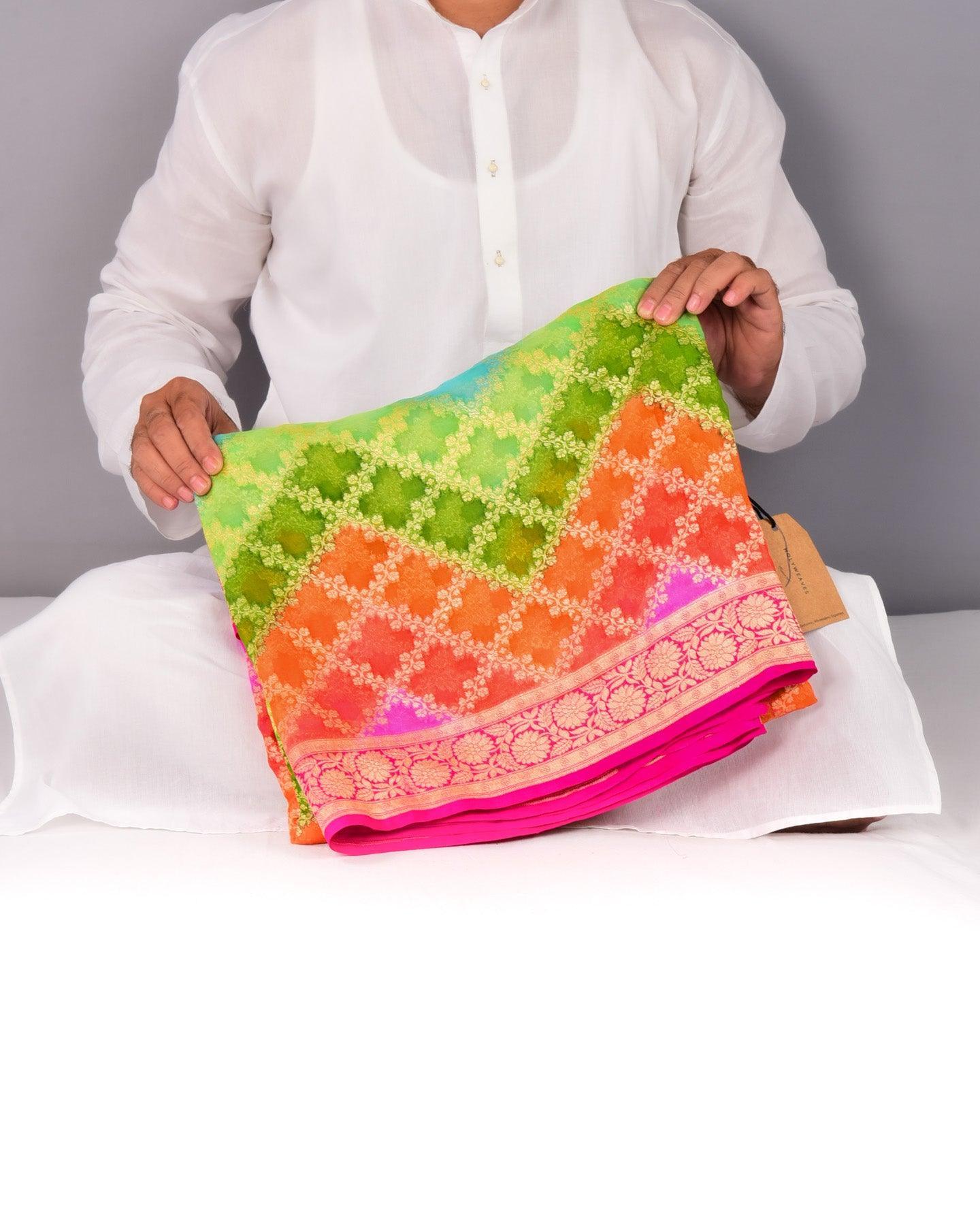 Multi-color Banarasi Jangla Rangkaat Handbrush Dye Cutwork Brocade Handwoven Khaddi Georgette Saree - By HolyWeaves, Benares