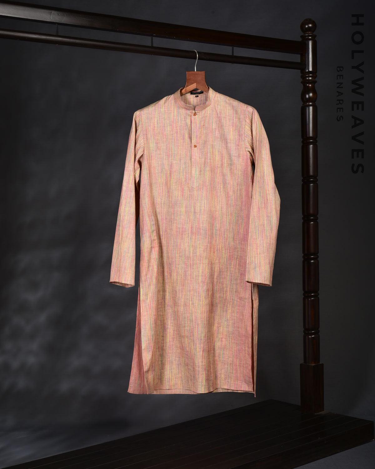Multi-color Banarasi Jharna Woven Cotton Mens Kurta Pyjama - By HolyWeaves, Benares
