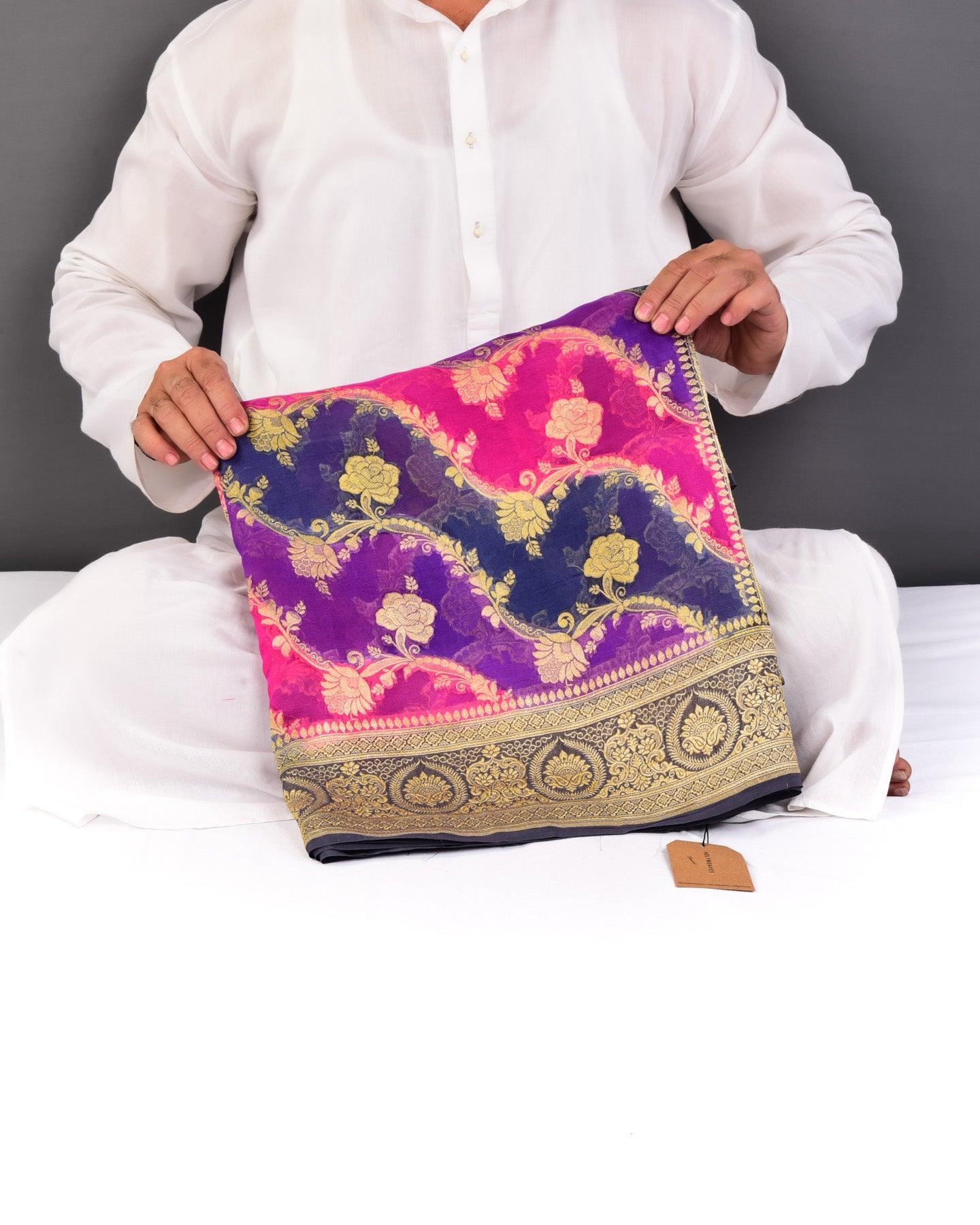 Multi-color Banarasi Leheriya Bel Rangkaat Handbrush Dye Cutwork Brocade Handwoven Khaddi Georgette Saree - By HolyWeaves, Benares