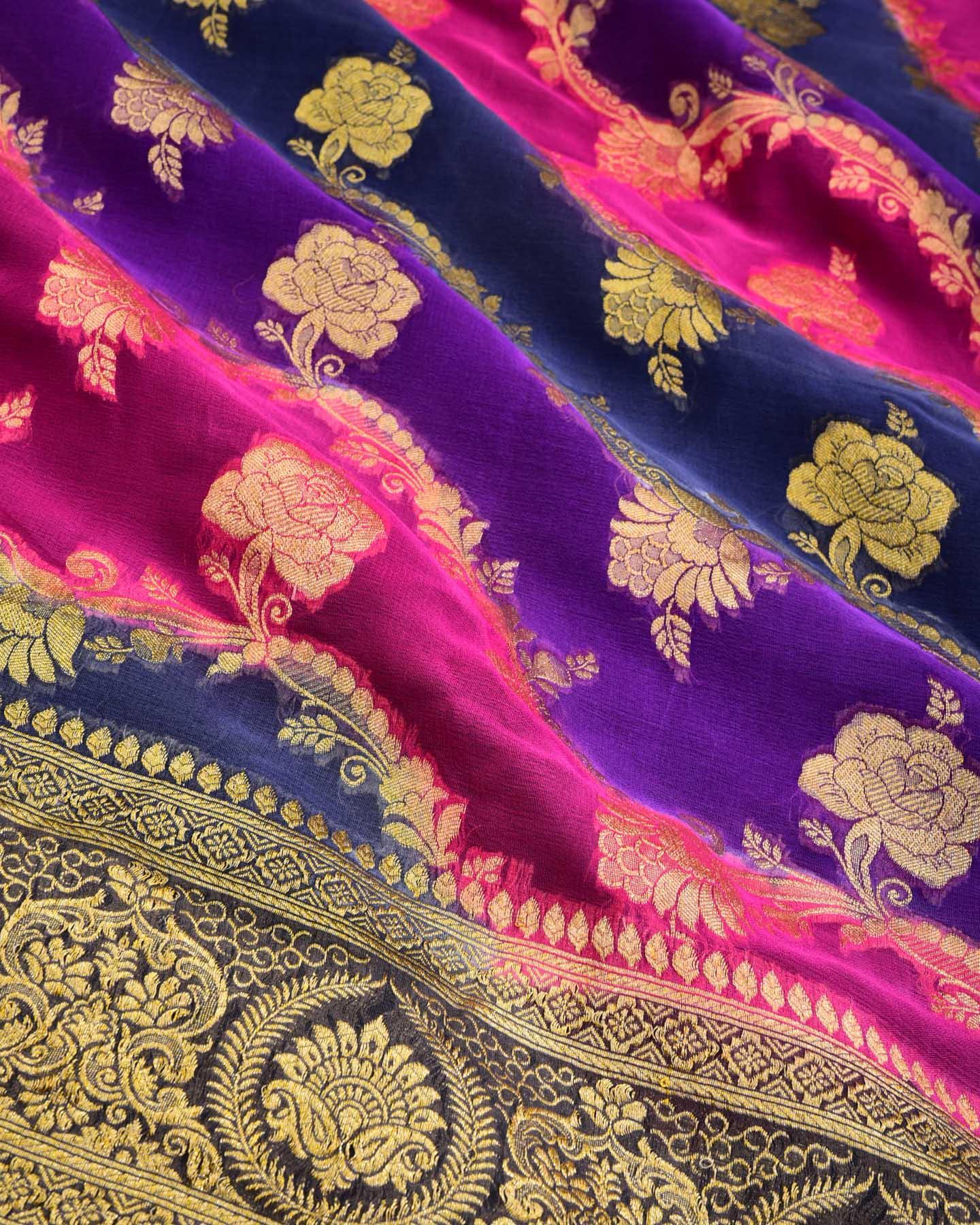 Multi-color Banarasi Leheriya Bel Rangkaat Handbrush Dye Cutwork Brocade Handwoven Khaddi Georgette Saree - By HolyWeaves, Benares
