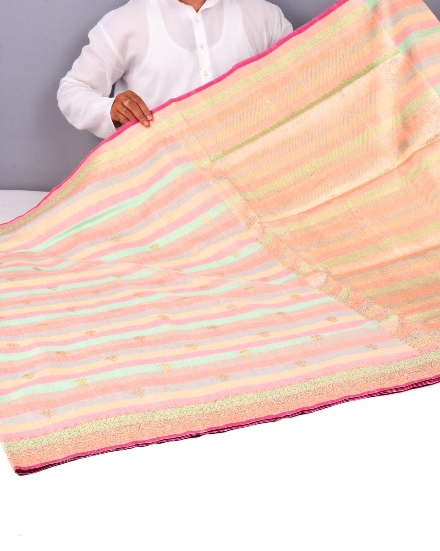 Multi-color Banarasi Stripes Kadhuan Brocade Handwoven Cotton Silk Saree - By HolyWeaves, Benares