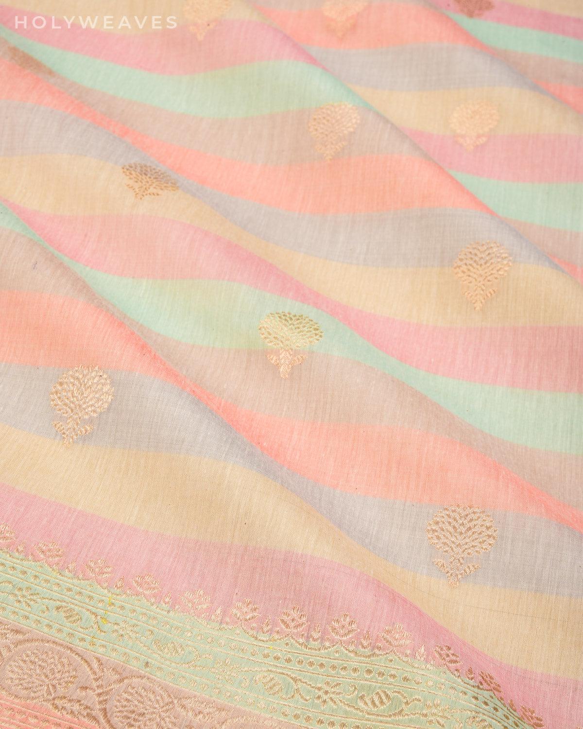 Multi-color Banarasi Stripes Kadhuan Brocade Handwoven Cotton Silk Saree - By HolyWeaves, Benares
