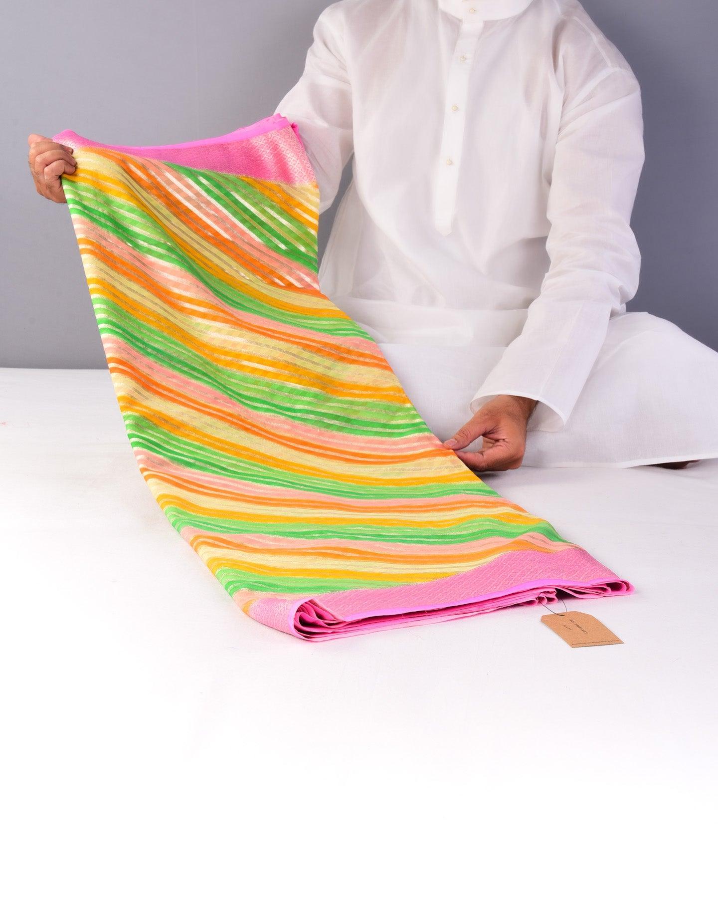 Multi-color Banarasi Zari Diagonal Stripes Cutwork Brocade Handwoven Khaddi Georgette Saree - By HolyWeaves, Benares