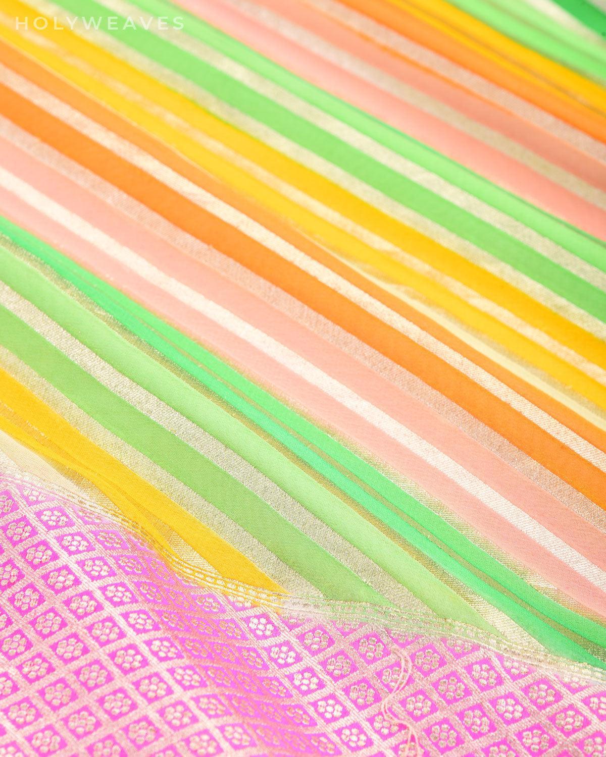 Multi-color Banarasi Zari Diagonal Stripes Cutwork Brocade Handwoven Khaddi Georgette Saree - By HolyWeaves, Benares
