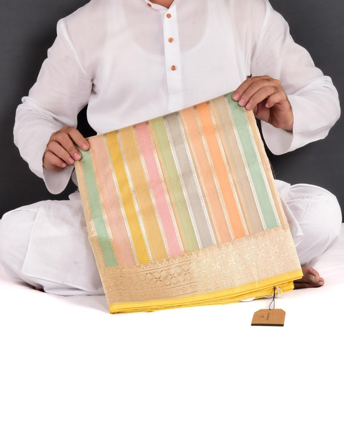 Multi-color on Beige Banarasi Candy Stripes Kadhuan Brocade Handwoven Kora Silk Saree - By HolyWeaves, Benares