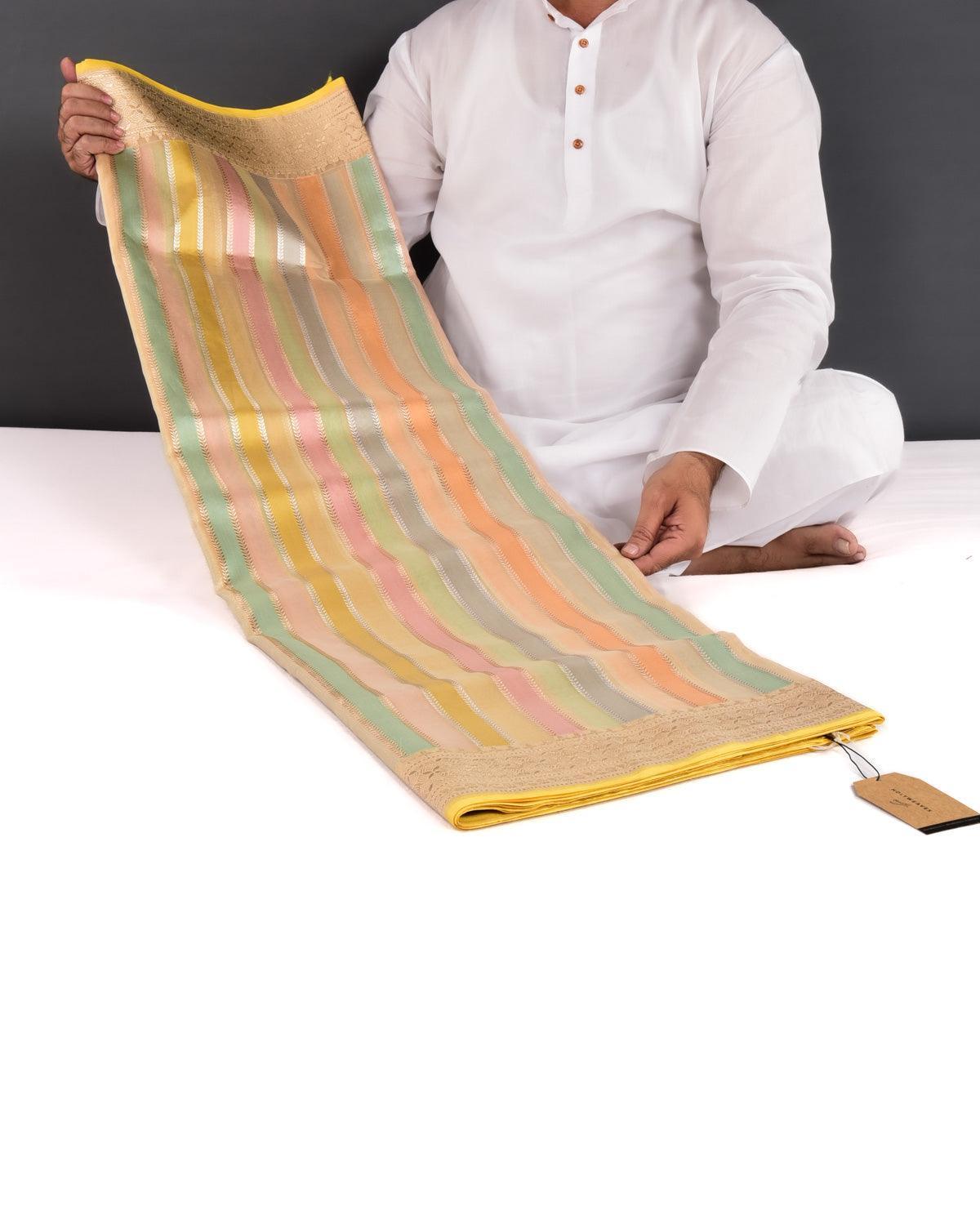 Multi-color on Beige Banarasi Candy Stripes Kadhuan Brocade Handwoven Kora Silk Saree - By HolyWeaves, Benares
