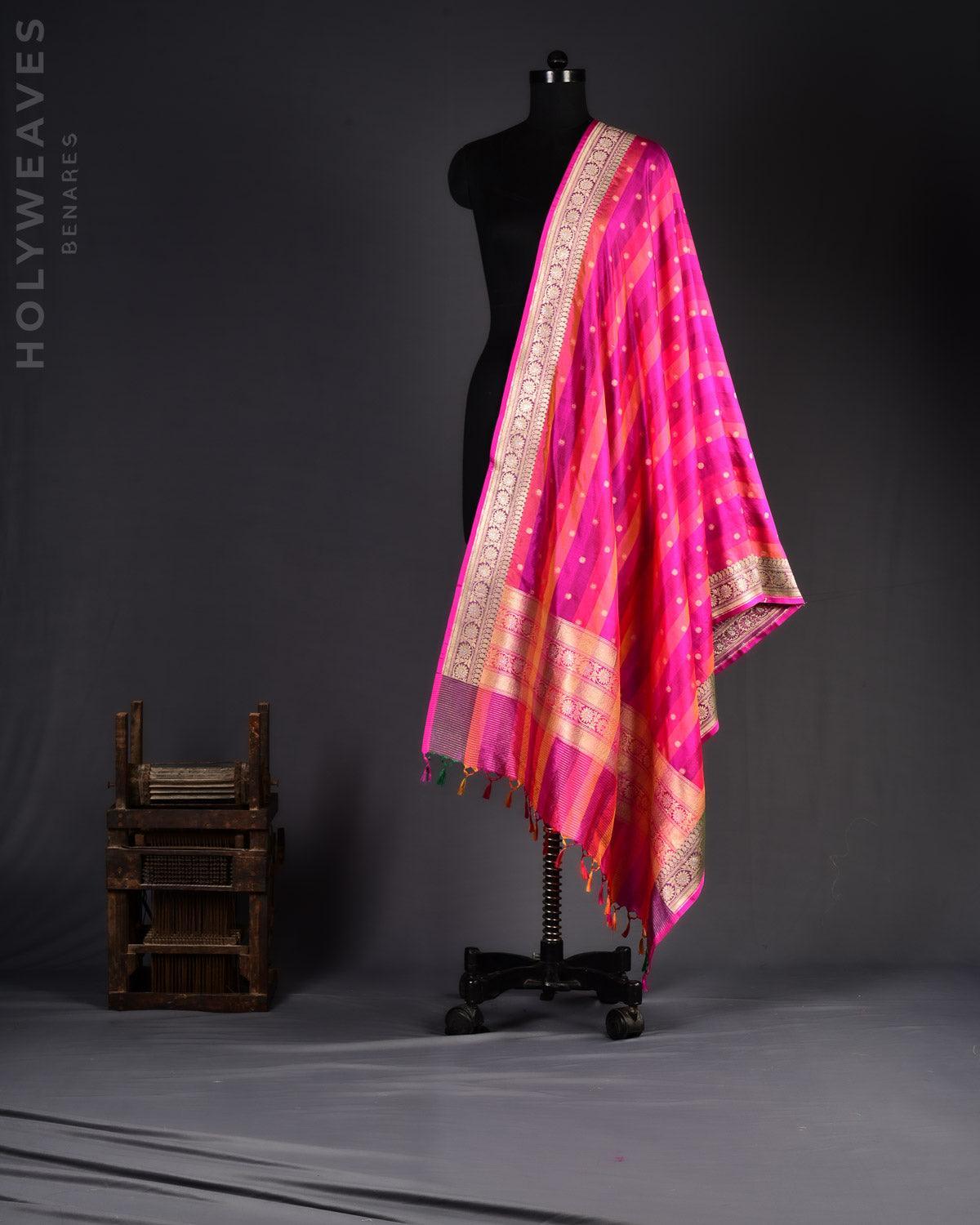 Multi-color on Pink Banarasi Gold Zari Buti Cutwork Brocade Handwoven Katan Silk Dupatta - By HolyWeaves, Benares