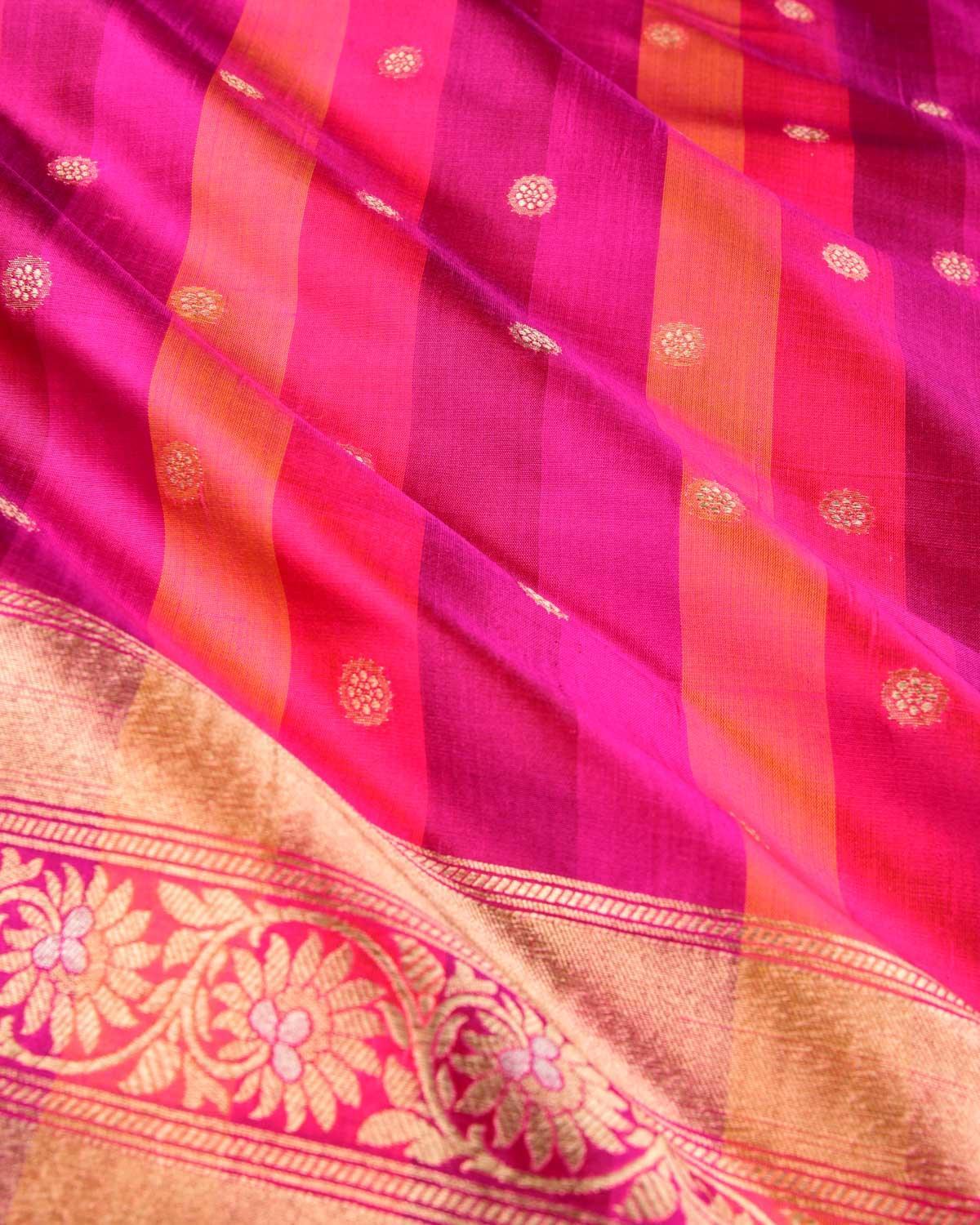 Multi-color on Pink Banarasi Gold Zari Buti Cutwork Brocade Handwoven Katan Silk Dupatta - By HolyWeaves, Benares