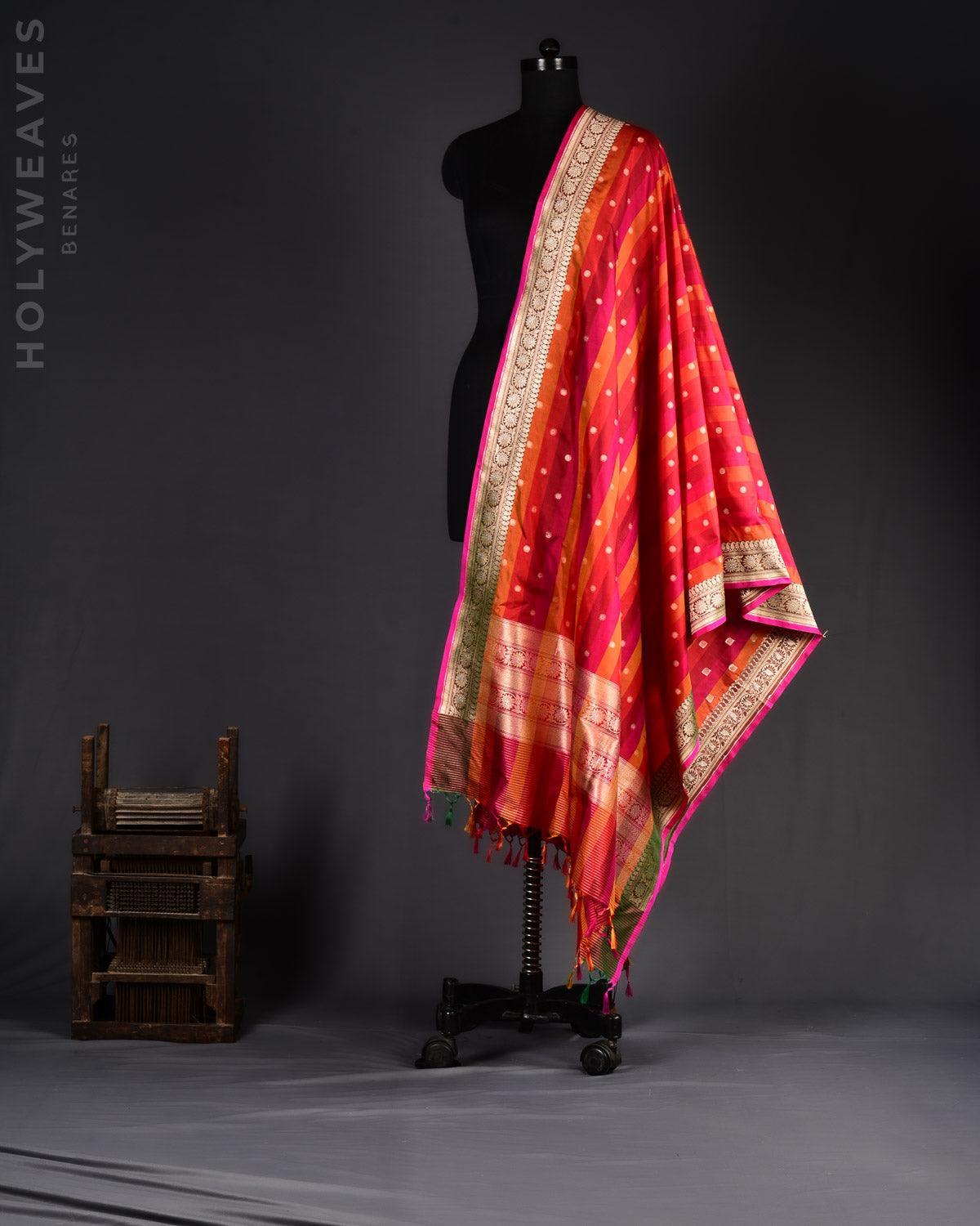 Multi-color on Red Banarasi Gold Zari Buti Cutwork Brocade Handwoven Katan Silk Dupatta - By HolyWeaves, Benares