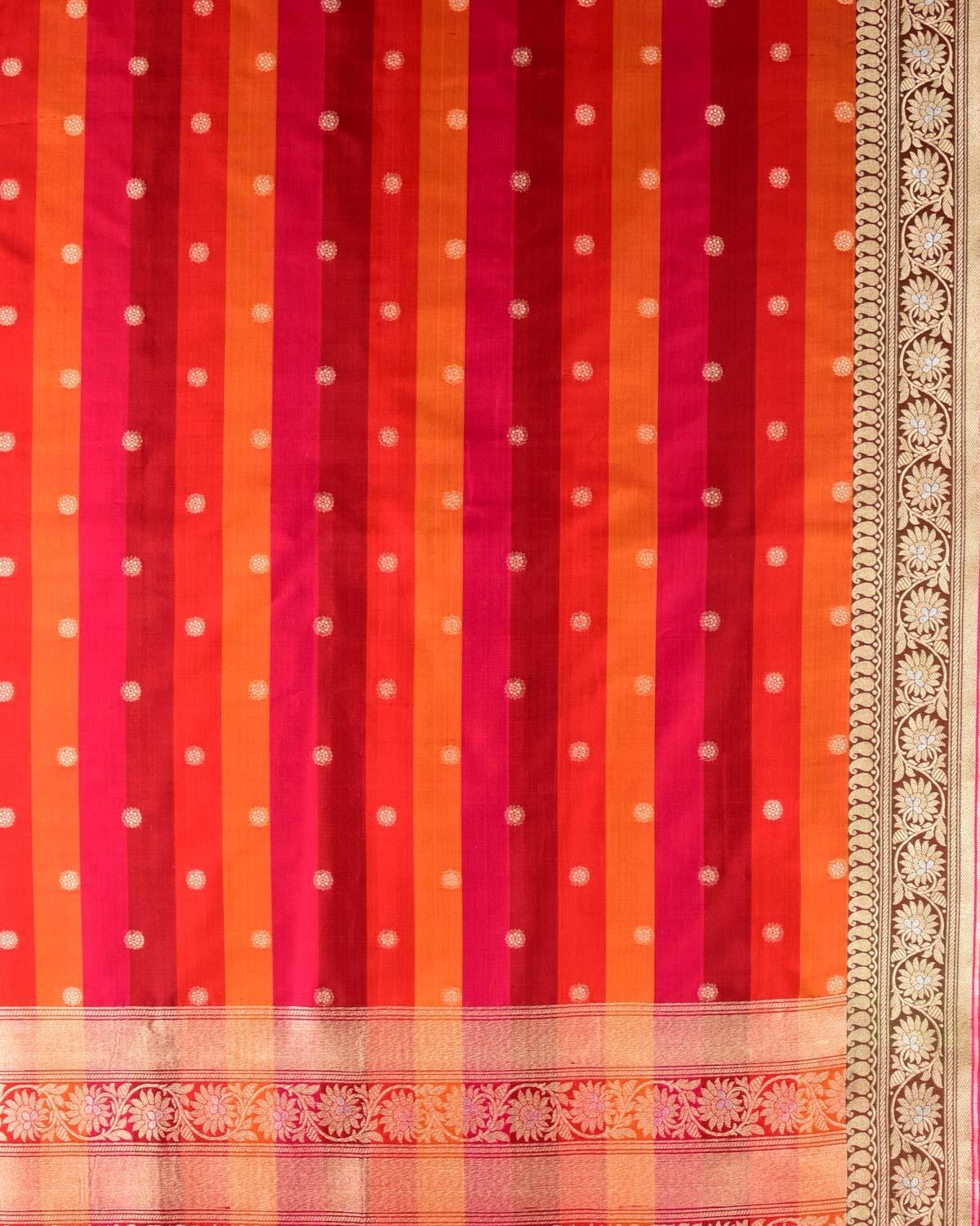 Multi-color on Red Banarasi Gold Zari Buti Cutwork Brocade Handwoven Katan Silk Dupatta - By HolyWeaves, Benares