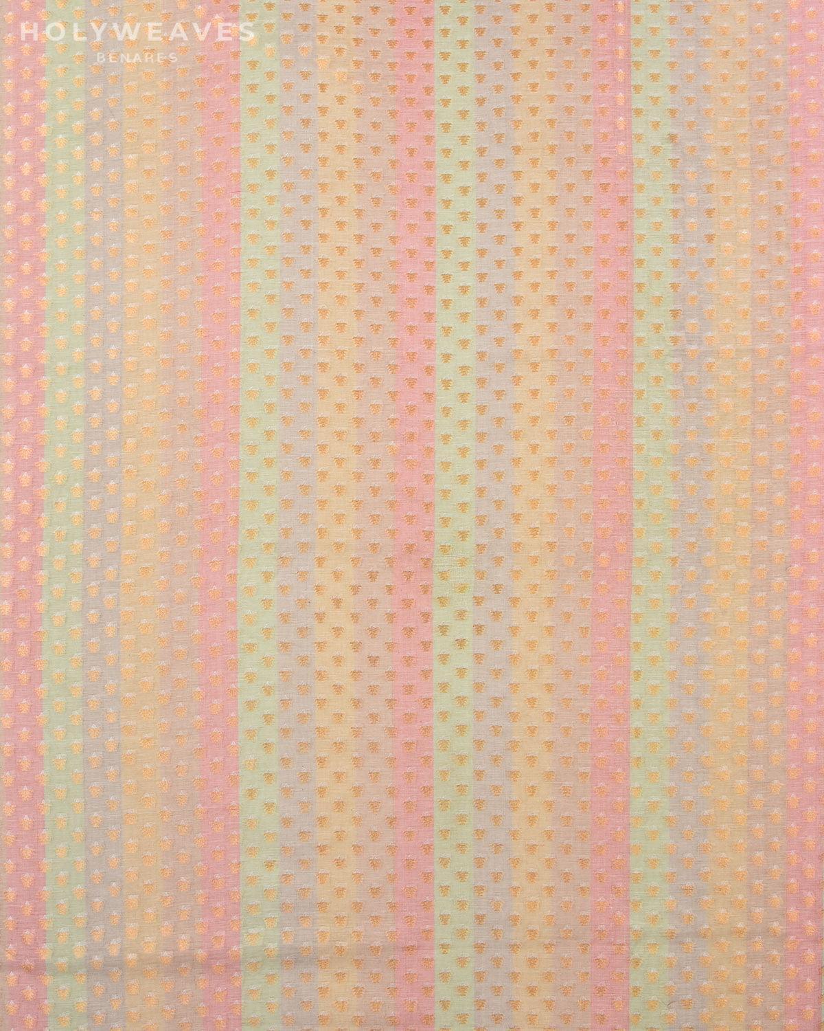 Multi-color Striped Banarasi Alfi Sona Rupa Buti Cutwork Brocade Handwoven Cotton Silk Fabric - By HolyWeaves, Benares