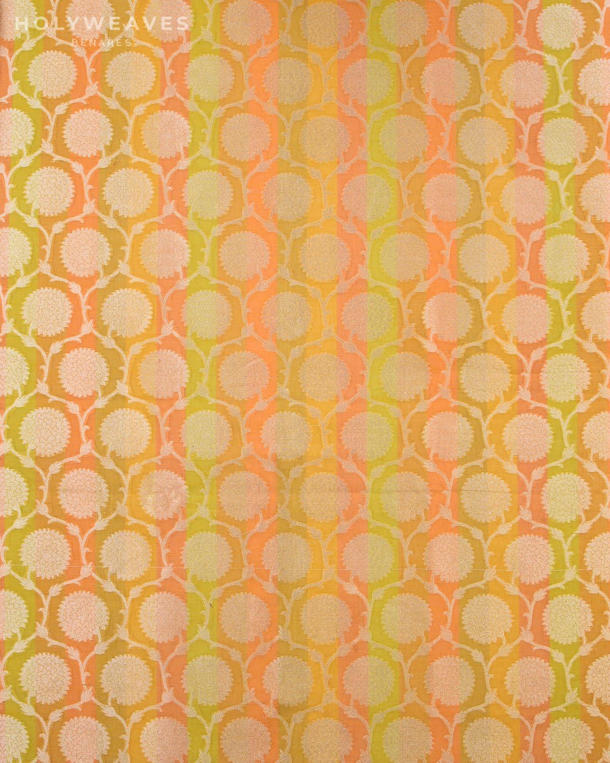Multi-color Striped Banarasi Light Gold Zari Jaal Cutwork Brocade Handwoven Cotton Silk Fabric - By HolyWeaves, Benares