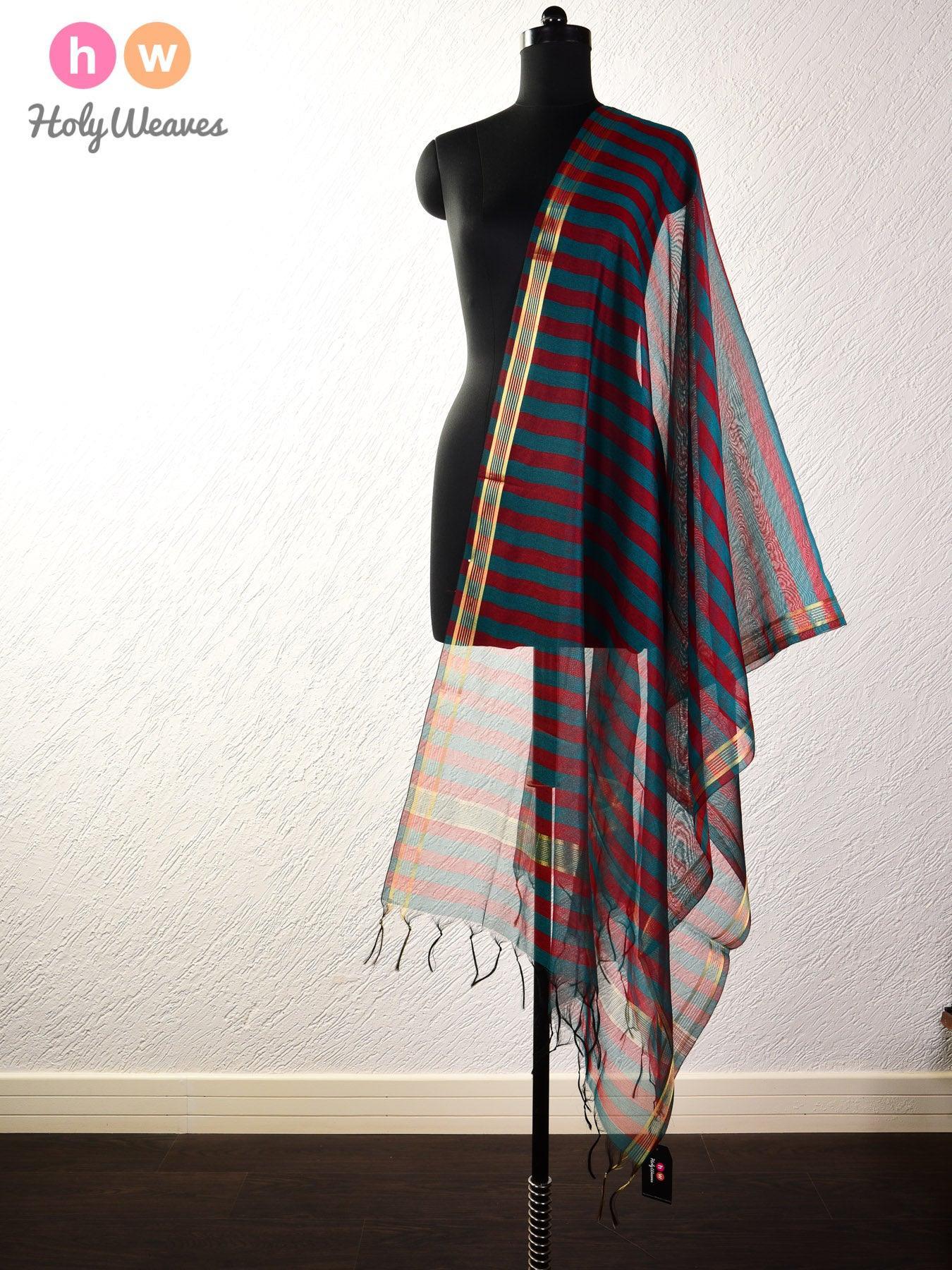 Multi-color Stripes Woven Poly Cotton Silk Dupatta - By HolyWeaves, Benares