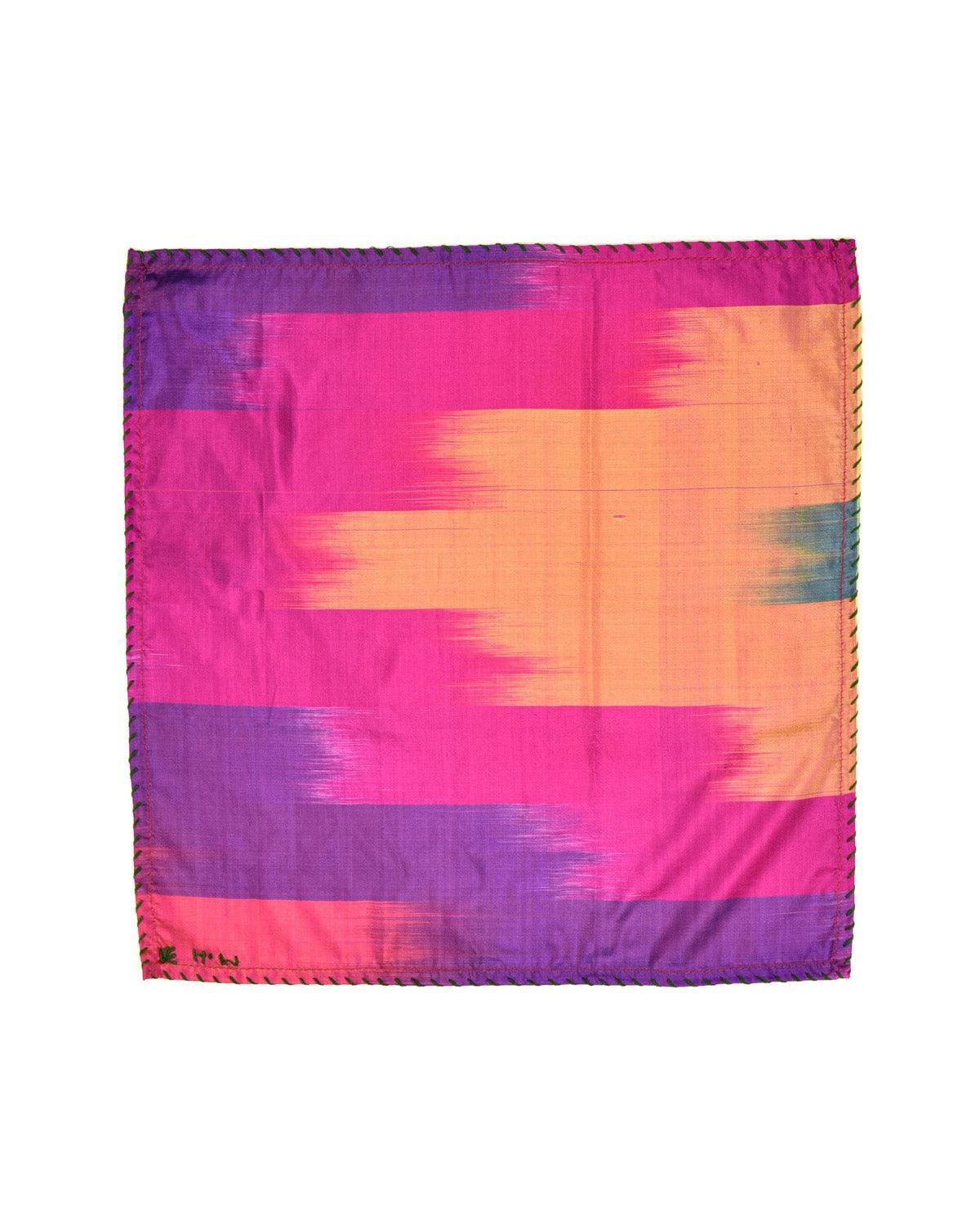 Multi on Purple Banarasi Ikat Handwoven Silk Pocket Square - By HolyWeaves, Benares