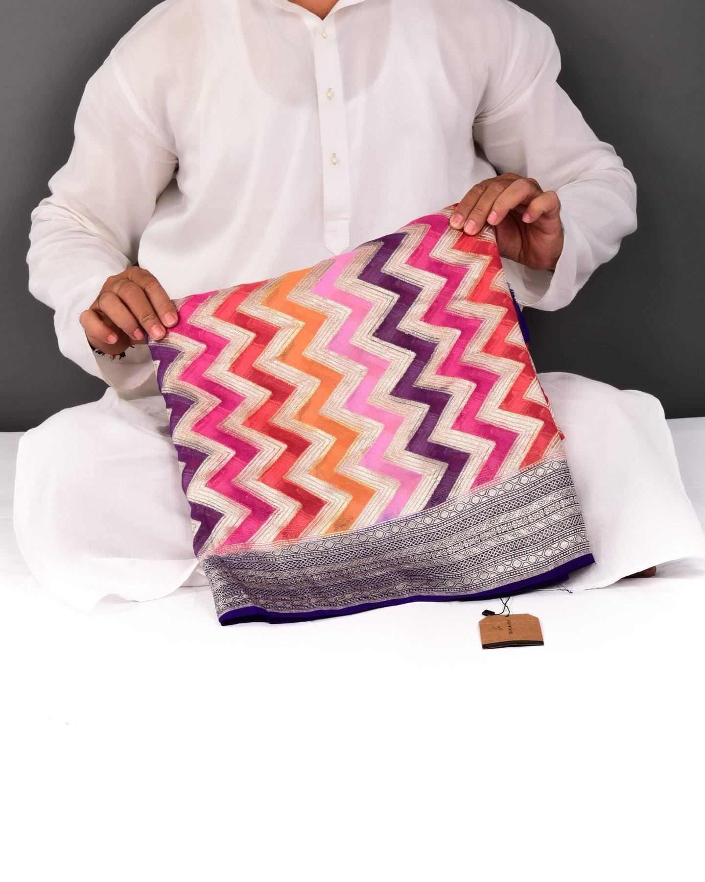 Multi on Purple Banarasi Striped Chevron Cutwork Brocade Handwoven Khaddi Georgette Saree - By HolyWeaves, Benares