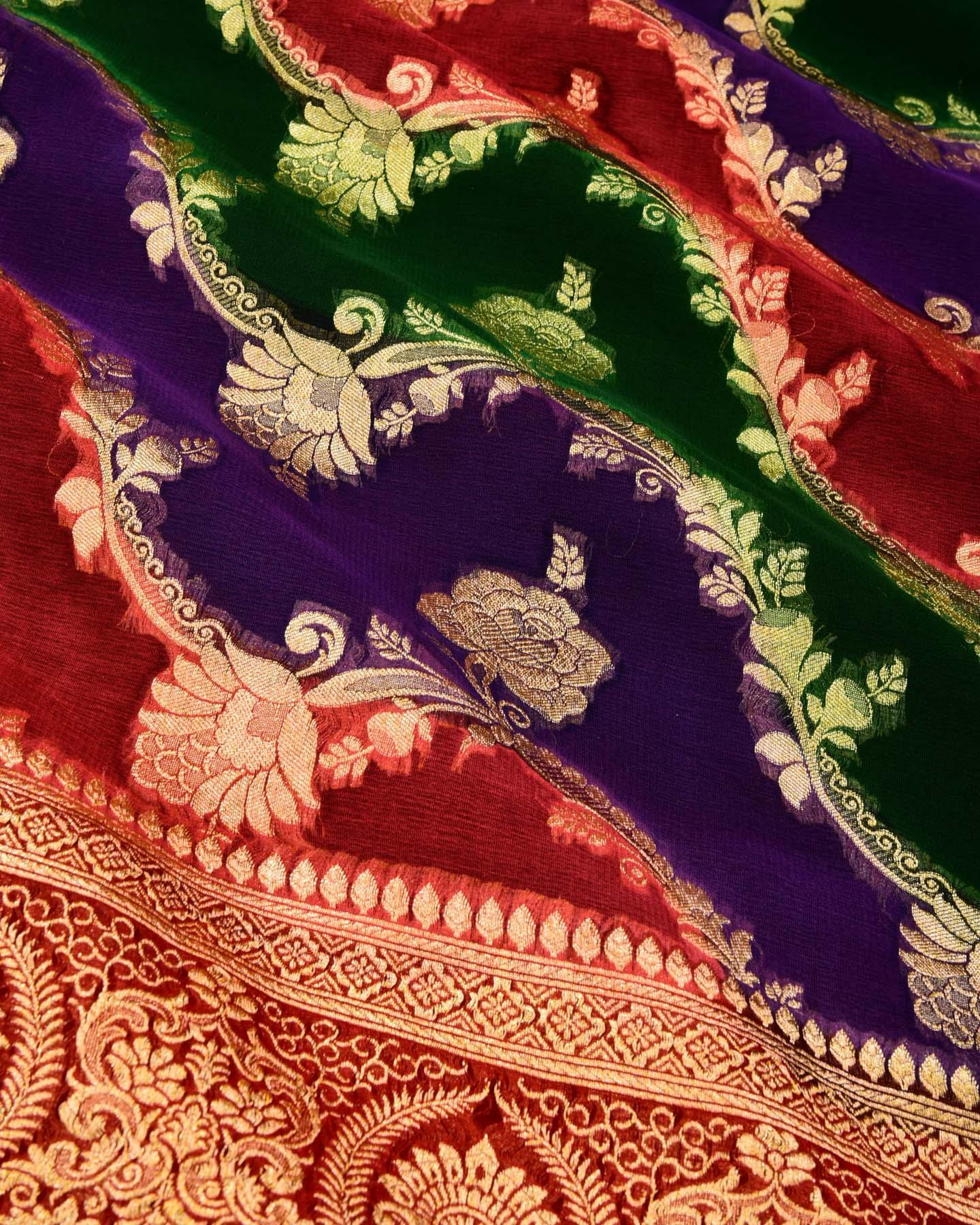 Multi on Red Banarasi Leheriya Bel Rangkaat Handbrush Dye Cutwork Brocade Handwoven Khaddi Georgette Saree - By HolyWeaves, Benares
