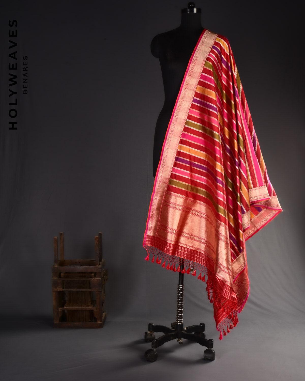 Multi on Red Banarasi Rangkaat Handwoven Katan Silk Dupatta - By HolyWeaves, Benares