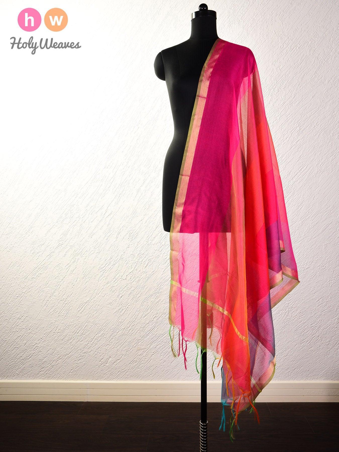 Multi-Pink Woven Poly Cotton Silk Dupatta - By HolyWeaves, Benares
