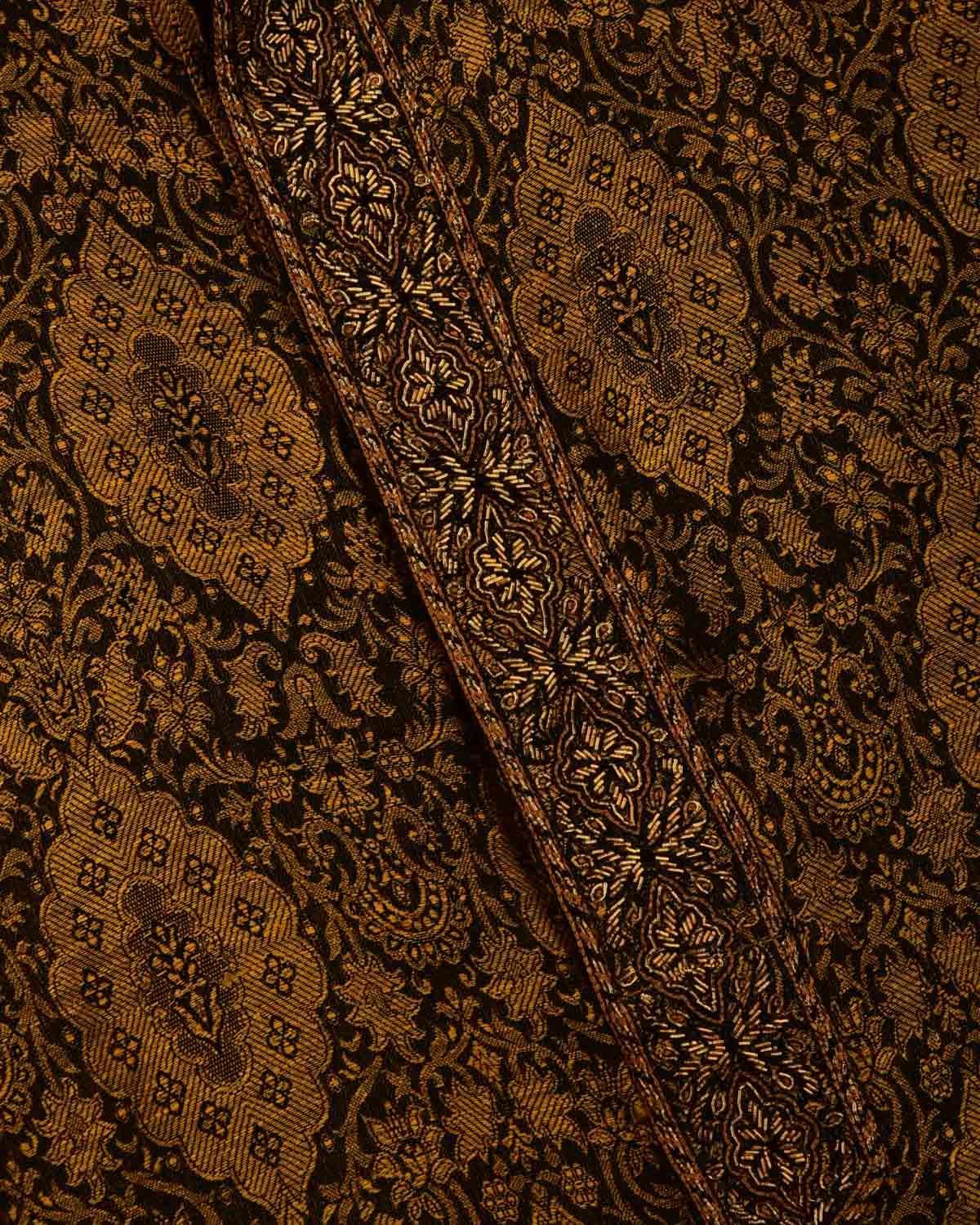 Mustard Banarasi Hand-embroidered Linen Silk Mens Kurta Pyjama - By HolyWeaves, Benares
