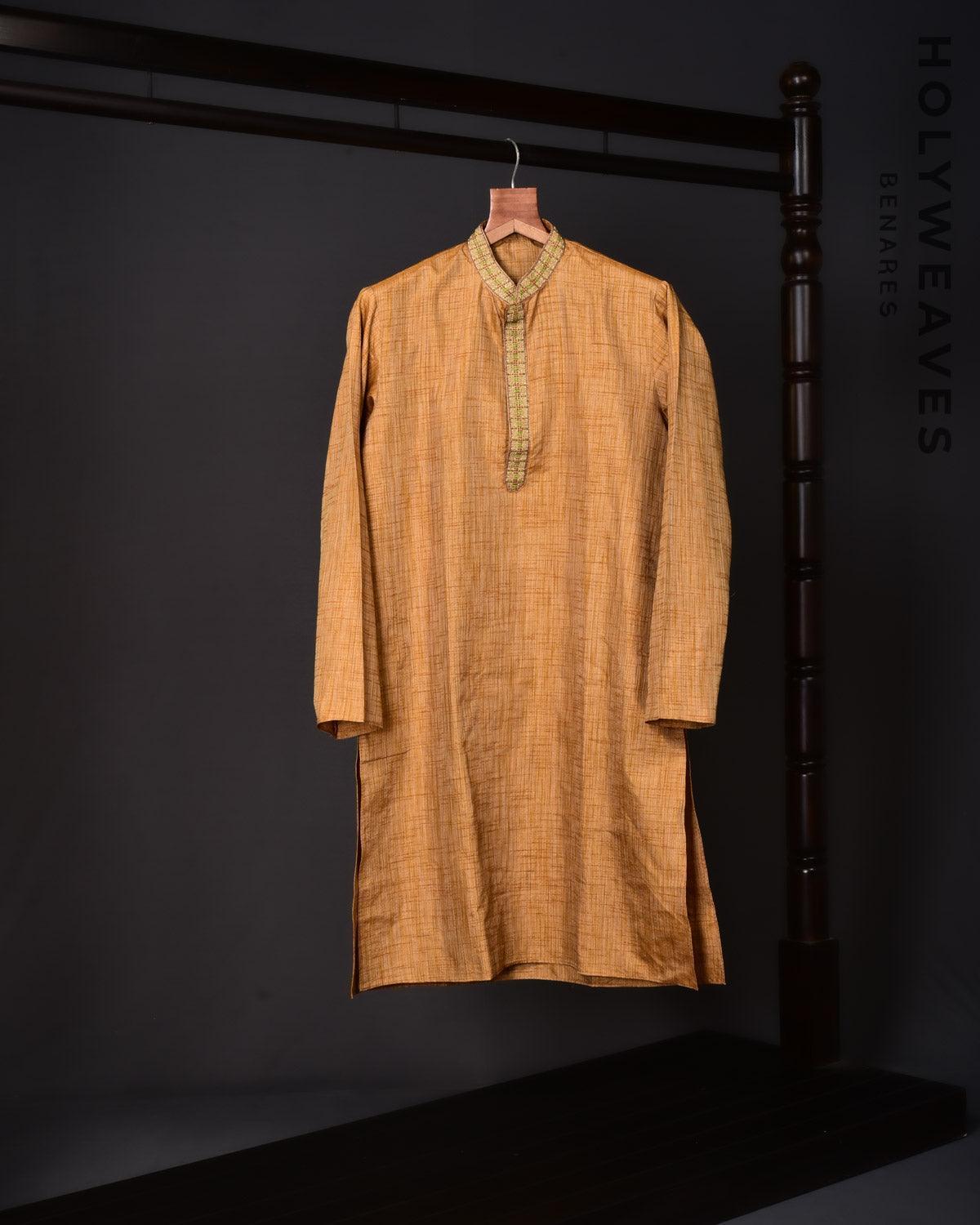 Mustard Hand-embroidered Art Silk Mens Kurta Pyjama - By HolyWeaves, Benares