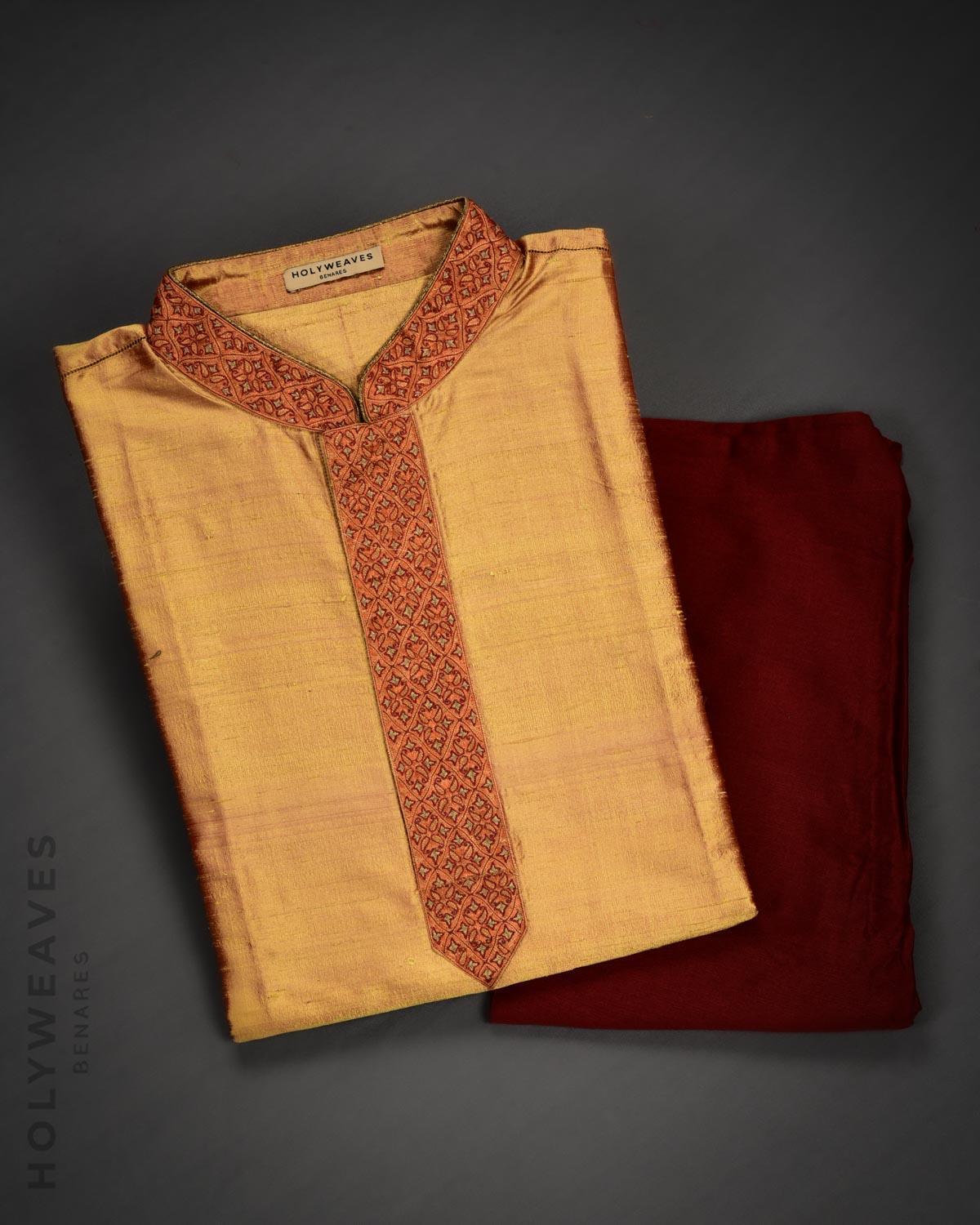 Mustard Hand-embroidered Raw Silk Mens Kurta Pyjama - By HolyWeaves, Benares