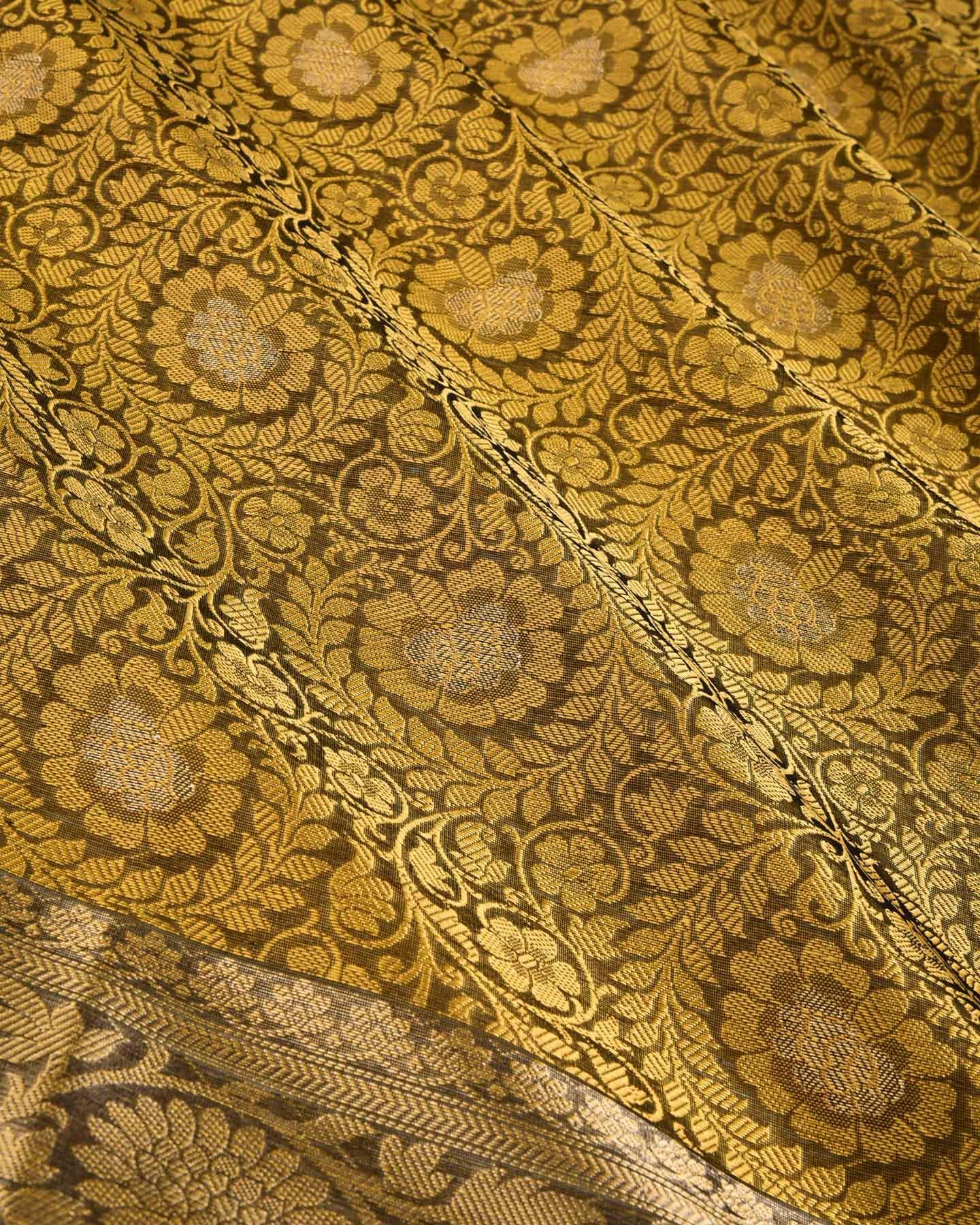 Mustard on Black Floral Jangla Cutwork Brocade Woven Art Cotton Silk Saree - By HolyWeaves, Benares