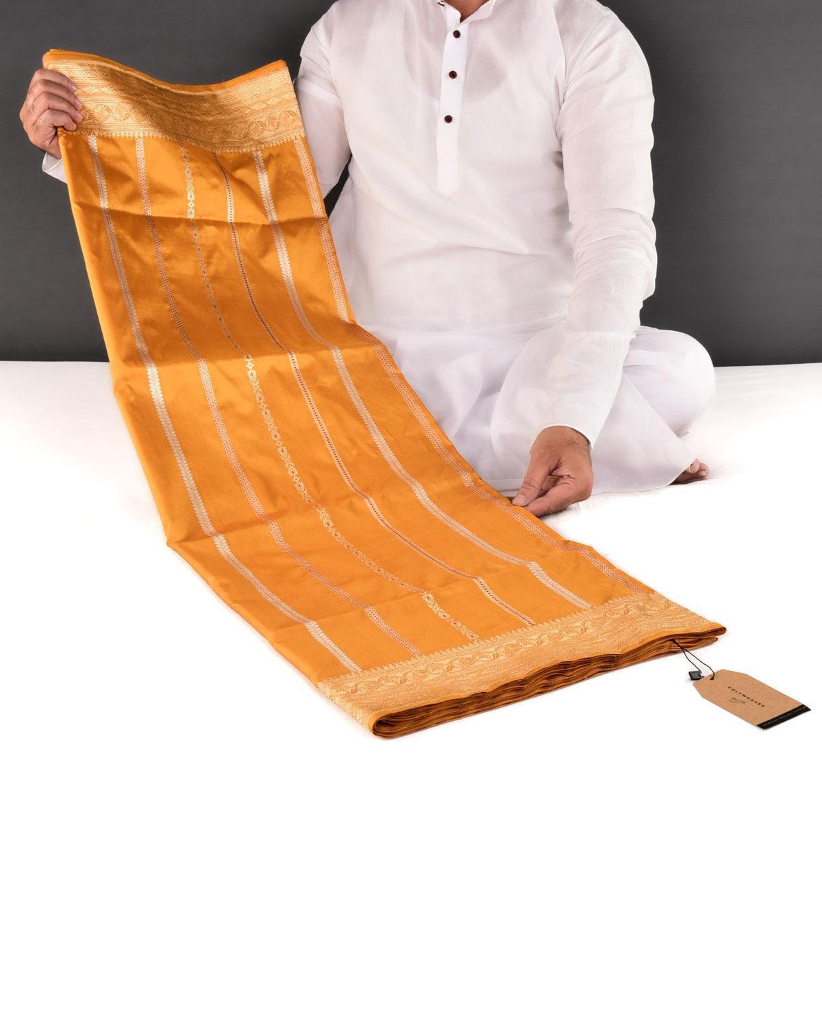 Mustard Yellow Banarasi Alfi Zari & Resham Stripes Kadhuan Brocade Handwoven Katan Silk Saree - By HolyWeaves, Benares