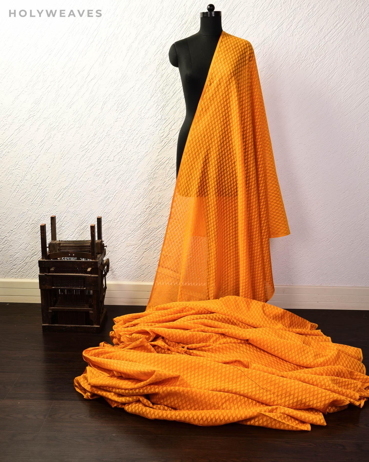 Mustard Yellow Banarasi Cutwork Brocade Handwoven Cotton Silk Fabric - By HolyWeaves, Benares
